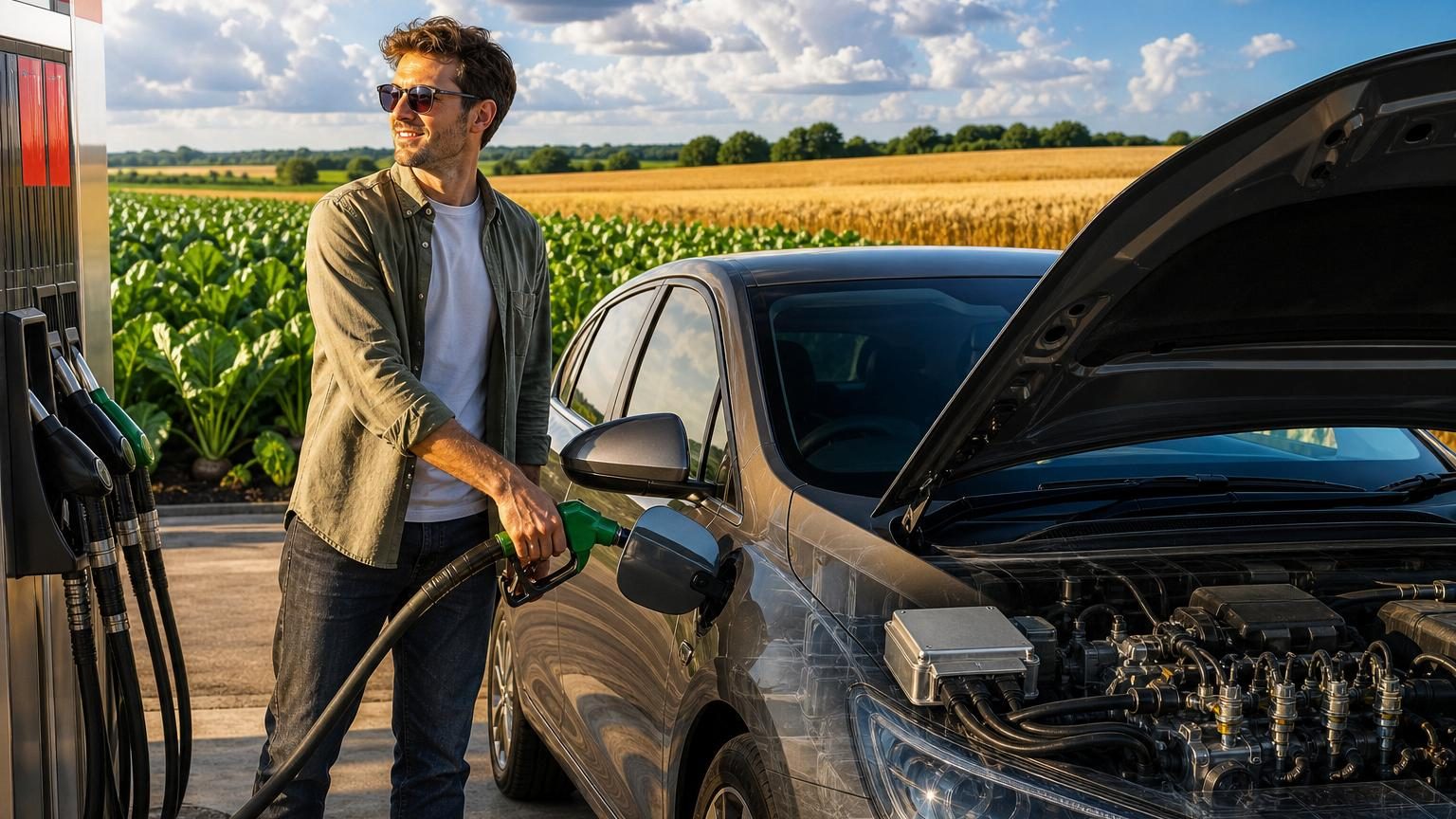 Un conducteur ravitaille sa voiture en superéthanol à une pompe de station-service, illustrant l'utilisation quotidienne d'un carburant végétal moins cher