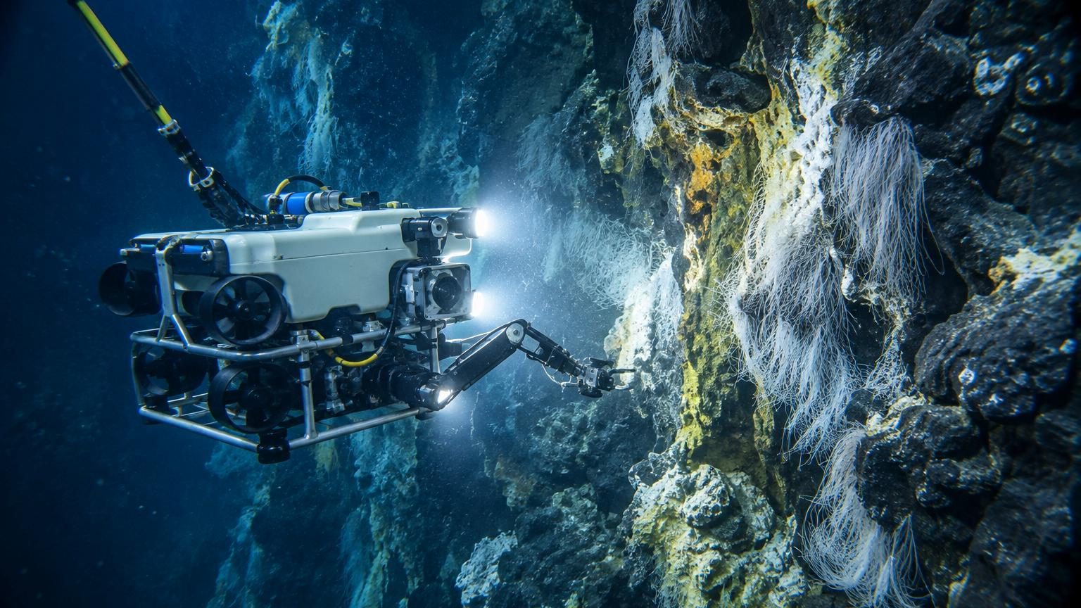 Un robot autonome équipé de projecteurs explore une cavité volcanique sombre aux parois de basalte fissurées, illuminant des colonies de filaments blancs et jaunes accrochés aux roches dans les profondeurs abyssales.
