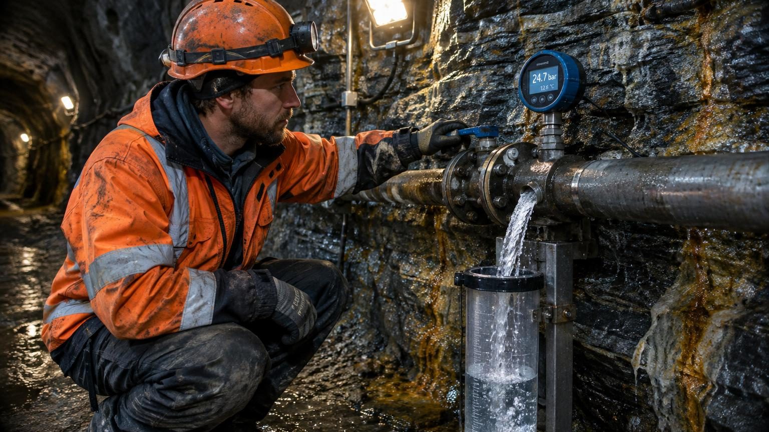Galerie de mine souterraine à grande profondeur, parois grises striées de veines sombres, goutte d'eau s'échappant d'une fissure humide, ambiance froide et minérale.