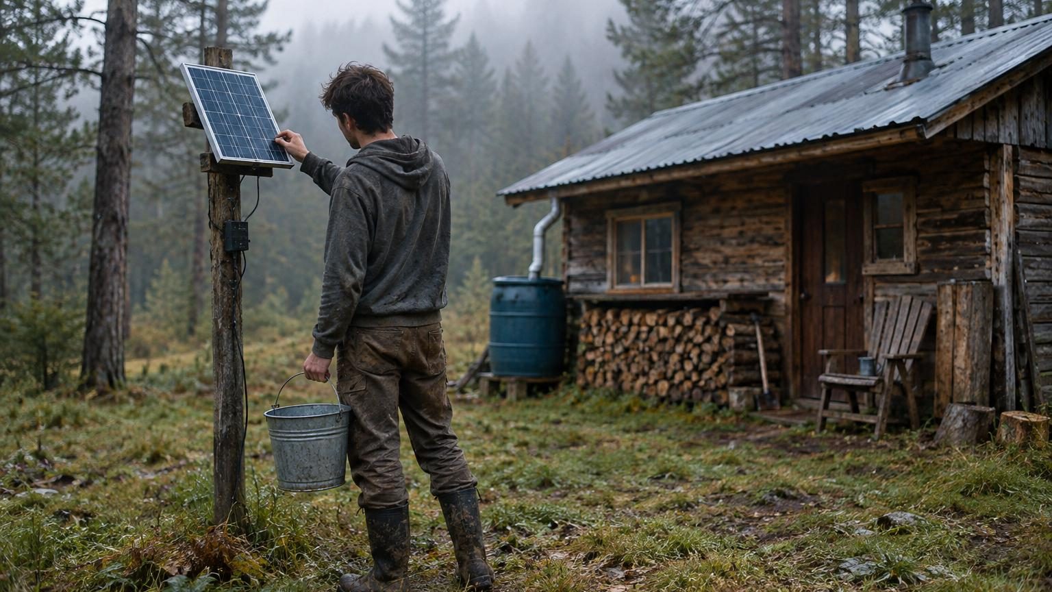 Jeune homme assis devant une petite cabane en bois dans une clairière forestière, entouré de sapins et de brume matinale, symbolisant un mode de vie minimaliste et autosuffisant.