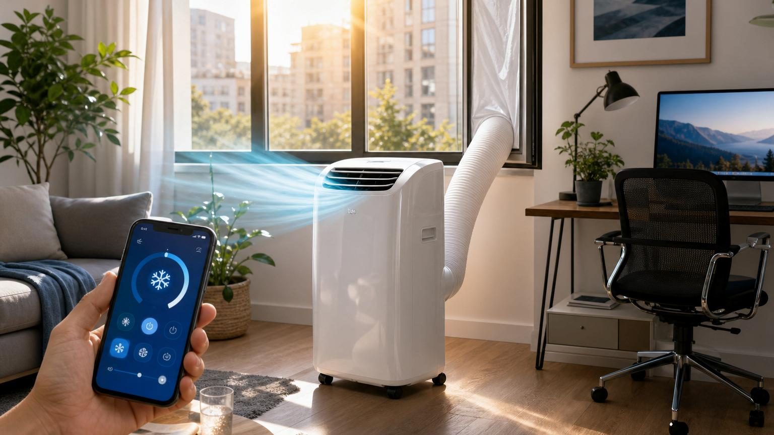 Climatiseur mobile blanc sur roulettes dans une petite pièce ensoleillée, avec un tuyau d'évacuation passant par la fenêtre