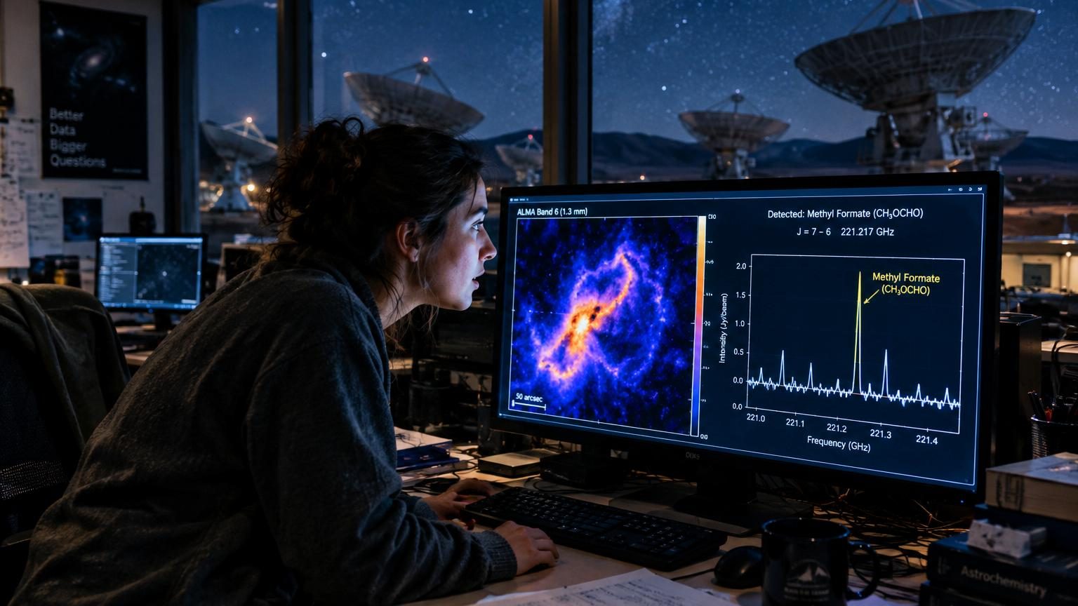 Illustration scientifique de molécules de sucre flottant dans une nuée de gaz interstellaire colorée, avec un radiotélescope en arrière-plan captant des signaux radio.