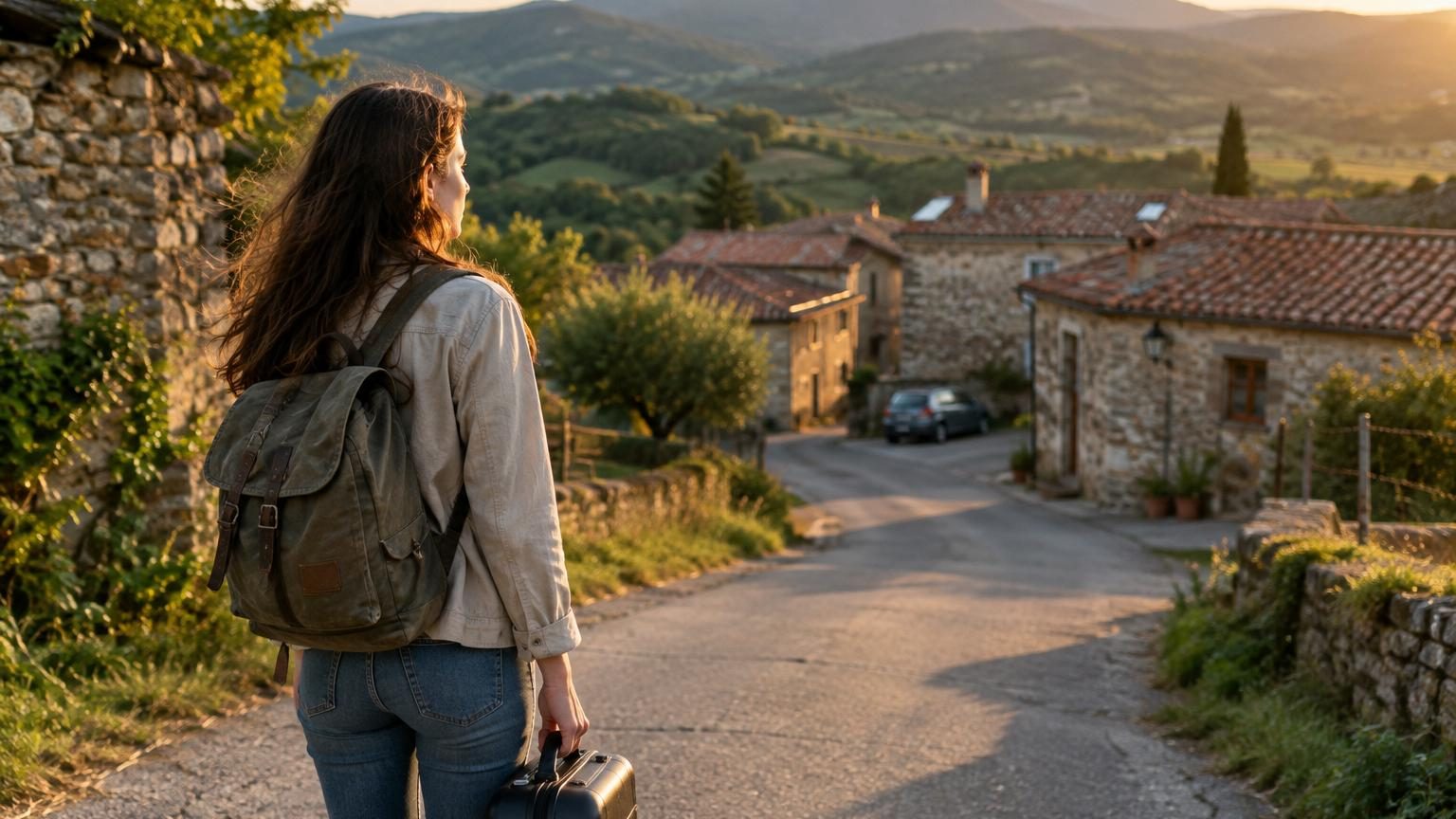 Ana debout devant sa petite maison en pierre, souriant face aux montagnes vides et aux volets fermés du village de neuf habitants en Soria, par un jour ensoleillé
