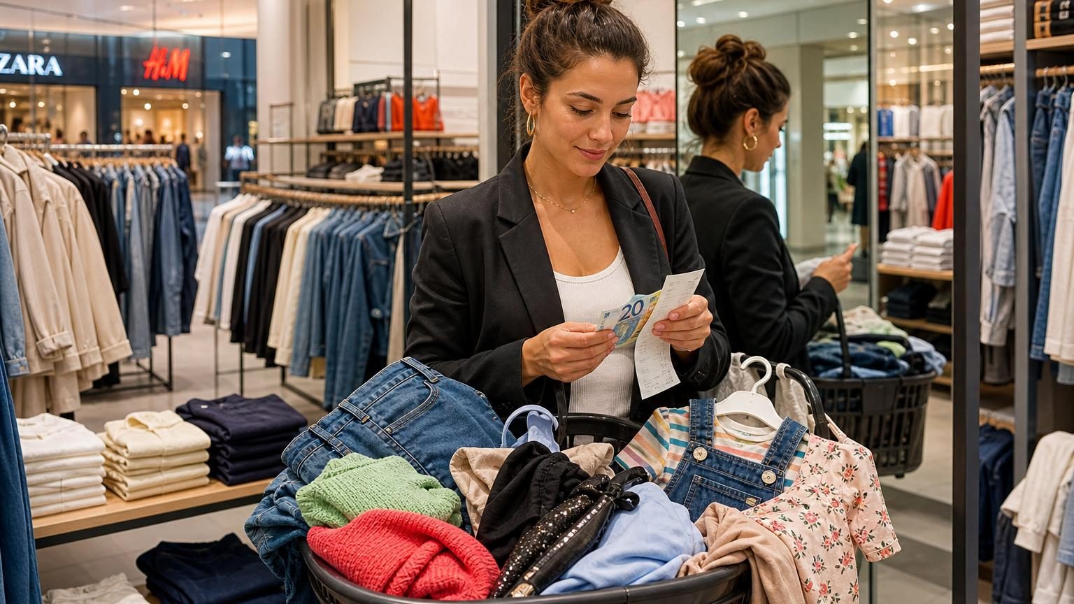 Femme remplissant un panier de vêtements variés (jean, haut, robe) dans des magasins à prix abordables.