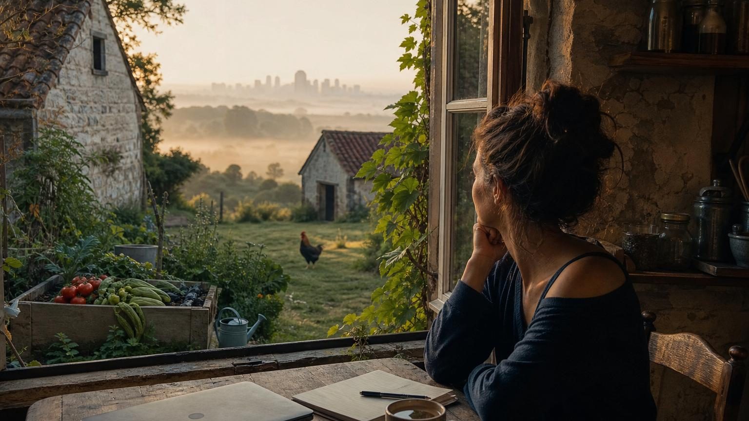 Femme regardant par la fenêtre d'une maison rurale, brume sur les prés, tasse de café sur table en bois, ambiance campagnarde paisible.