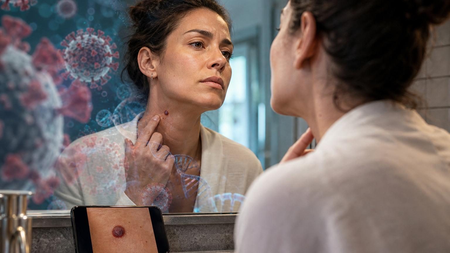 Détail en gros plan d'une lésion cutanée ferme et rougeâtre sur la peau, illustration d'une lesion médicale suspecte nécessitant un examen dermatologique