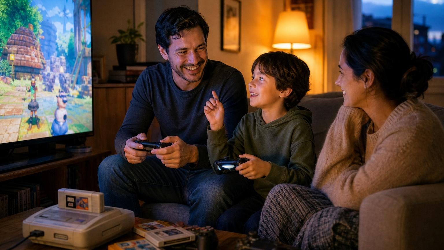 Deux personnes, un adulte et un enfant, assis côte à côte tenant des manettes de jeu vidéo, concentrés sur l'écran devant eux dans un salon familial.