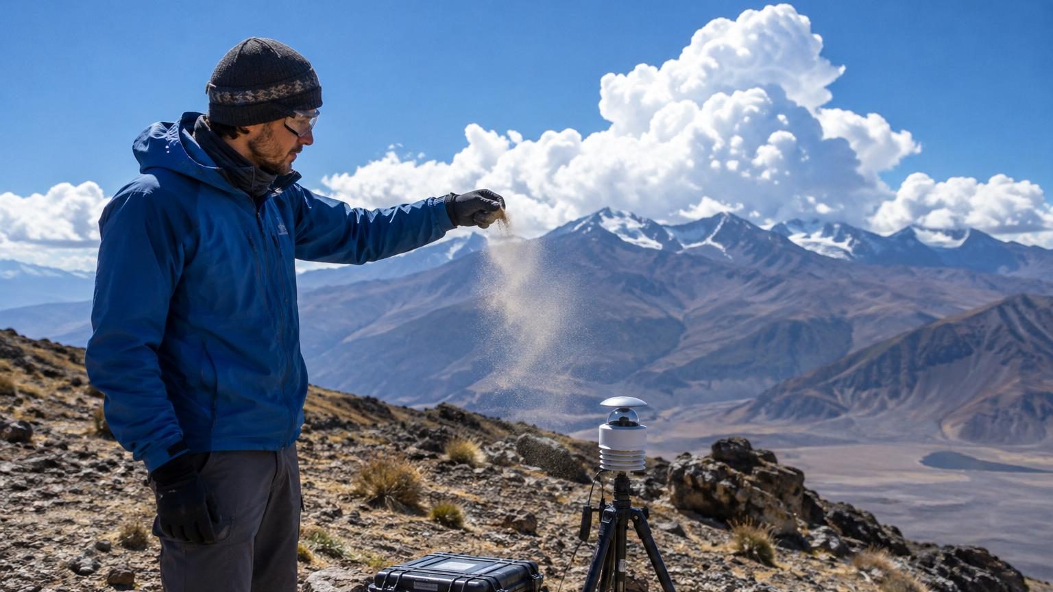 À 4 000 mètres d'altitude, un chercheur observe avec des lasers et des capteurs une traînée de nuages s'étirant à l'horizontale tandis que de la fine poussière ocre flotte dans l'air désertique et venteux.