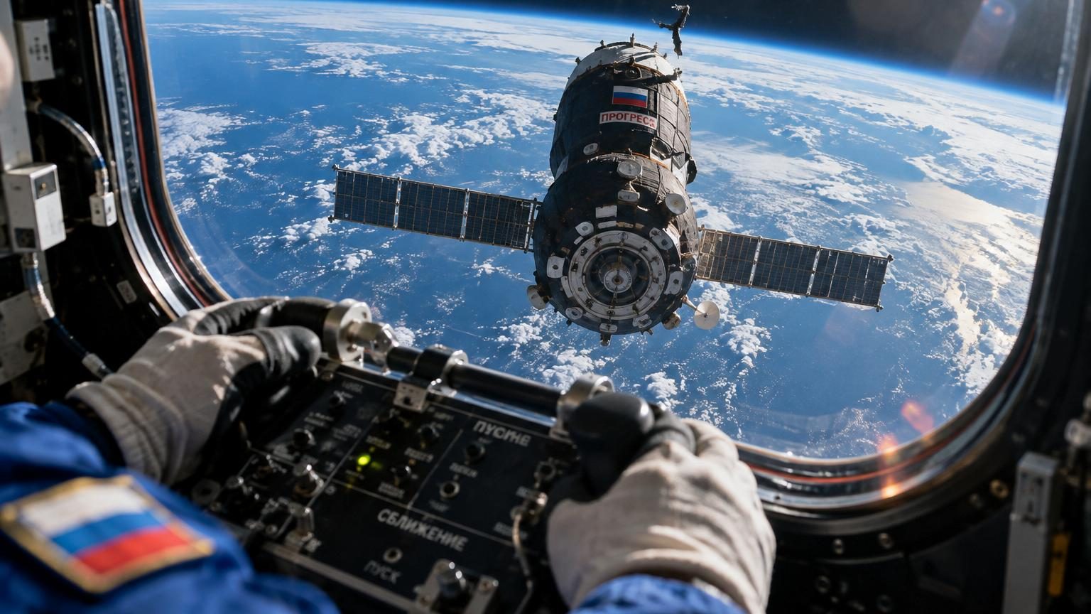 Cargo spatial Progress 94 en orbite à 400 km au-dessus de la Terre, se préparant à un amarrage manuel à la Station spatiale internationale après une panne d'antenne.