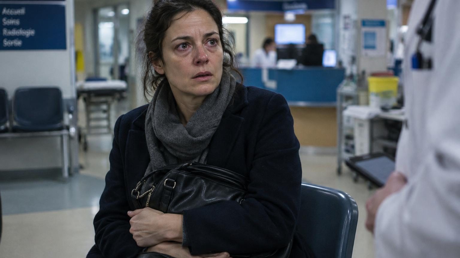 Femme assise dans une salle d'attente d'hôpital, serrant un sac à main, regard préoccupé fixant l'écran des numéros, symbolisant l'inquiétude face à un diagnostic médical inattendu.