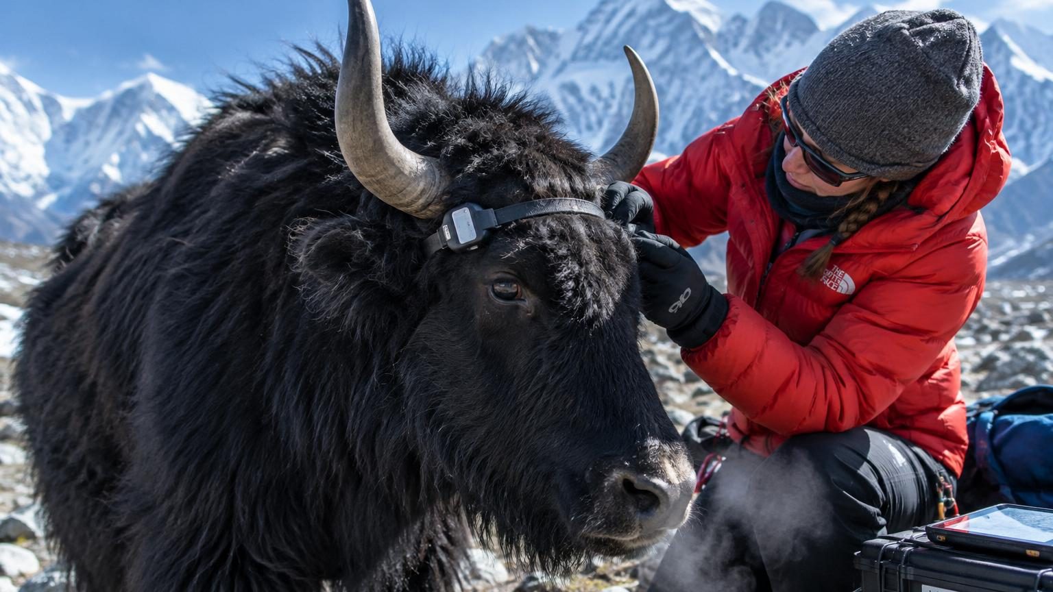Yak sur les hauts plateaux d'Asie, illustration schématique montrant le cerveau et les neurones protégés par le mécanisme génétique RETSAT en haute altitude.