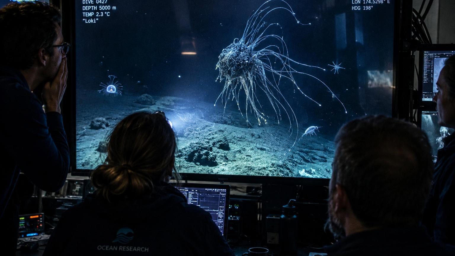 Un robot sous-marin filme une créature étrange aux longs filaments flottant dans l'obscurité abyssale à 5 000 mètres de profondeur, éclairée par les projecteurs bleutés du submersible.