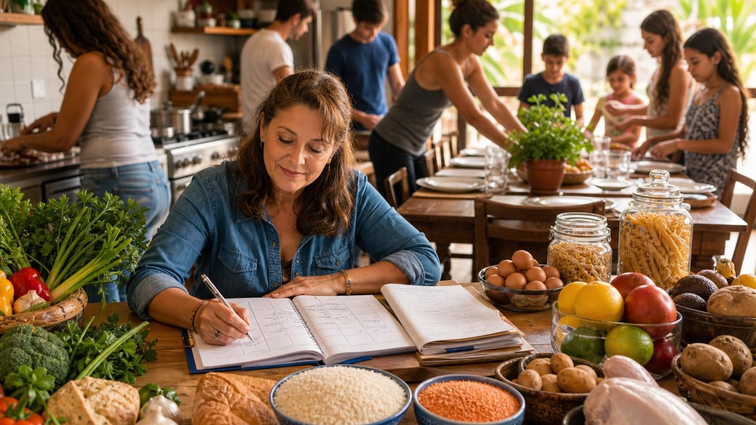 Femme affichant un calendrier de planification des repas sur le réfrigérateur pour organiser ses courses familiales.