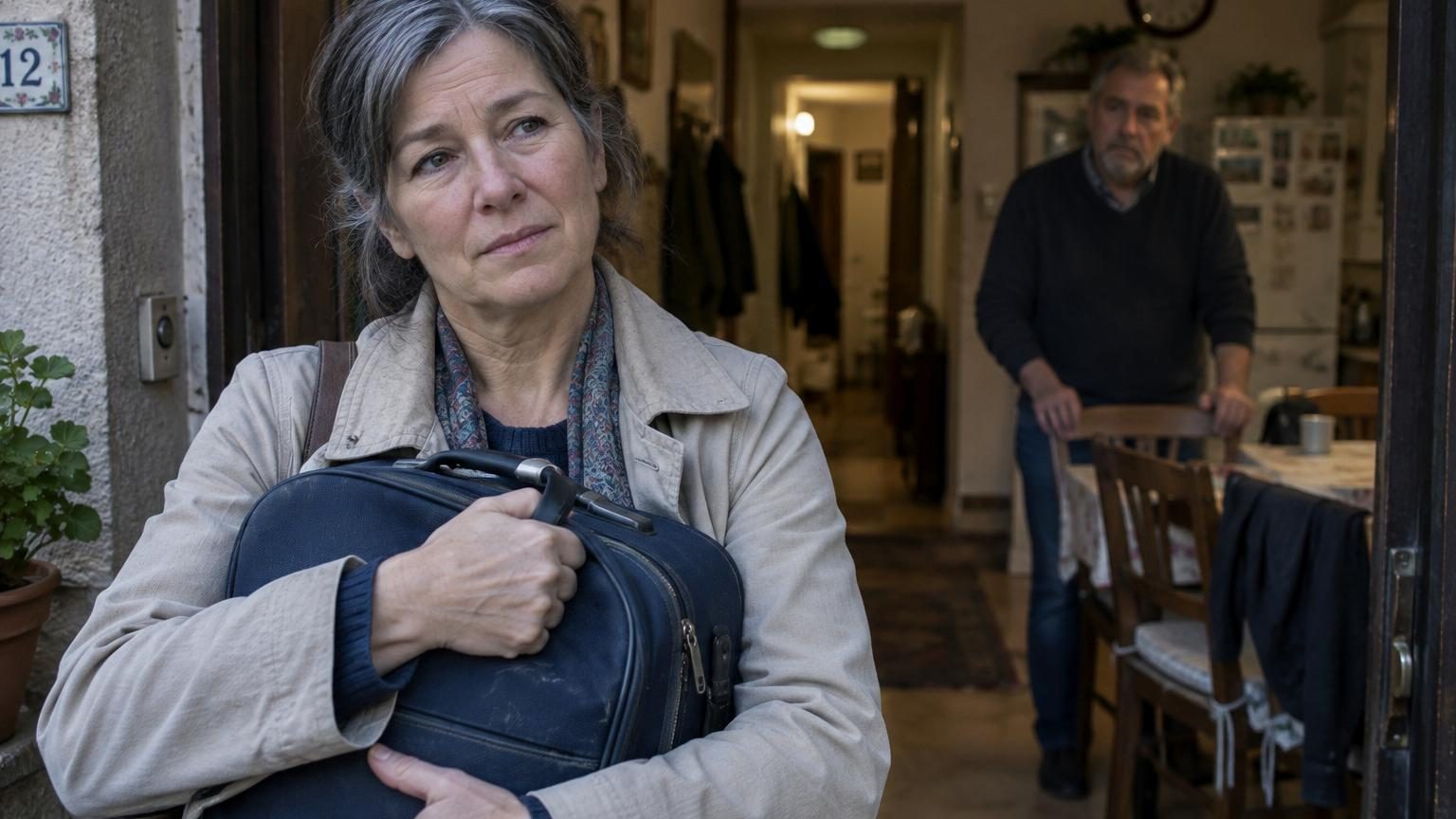 Une femme quitte sa maison avec une valise bleu nuit, son mari demeurant à la porte, illustrant une séparation conjugale sans rupture affective.