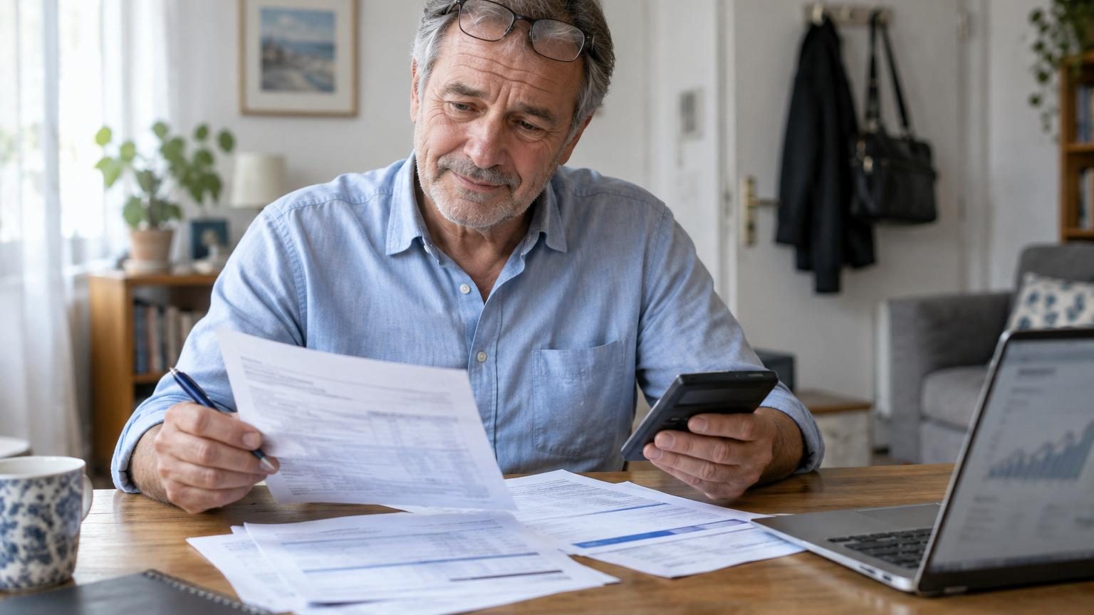 Un homme de 60 ans environ, assis à un bureau, consulte des documents financiers avec un conseiller retraite en arrière-plan, symbolisant la découverte du cumul emploi-retraite.