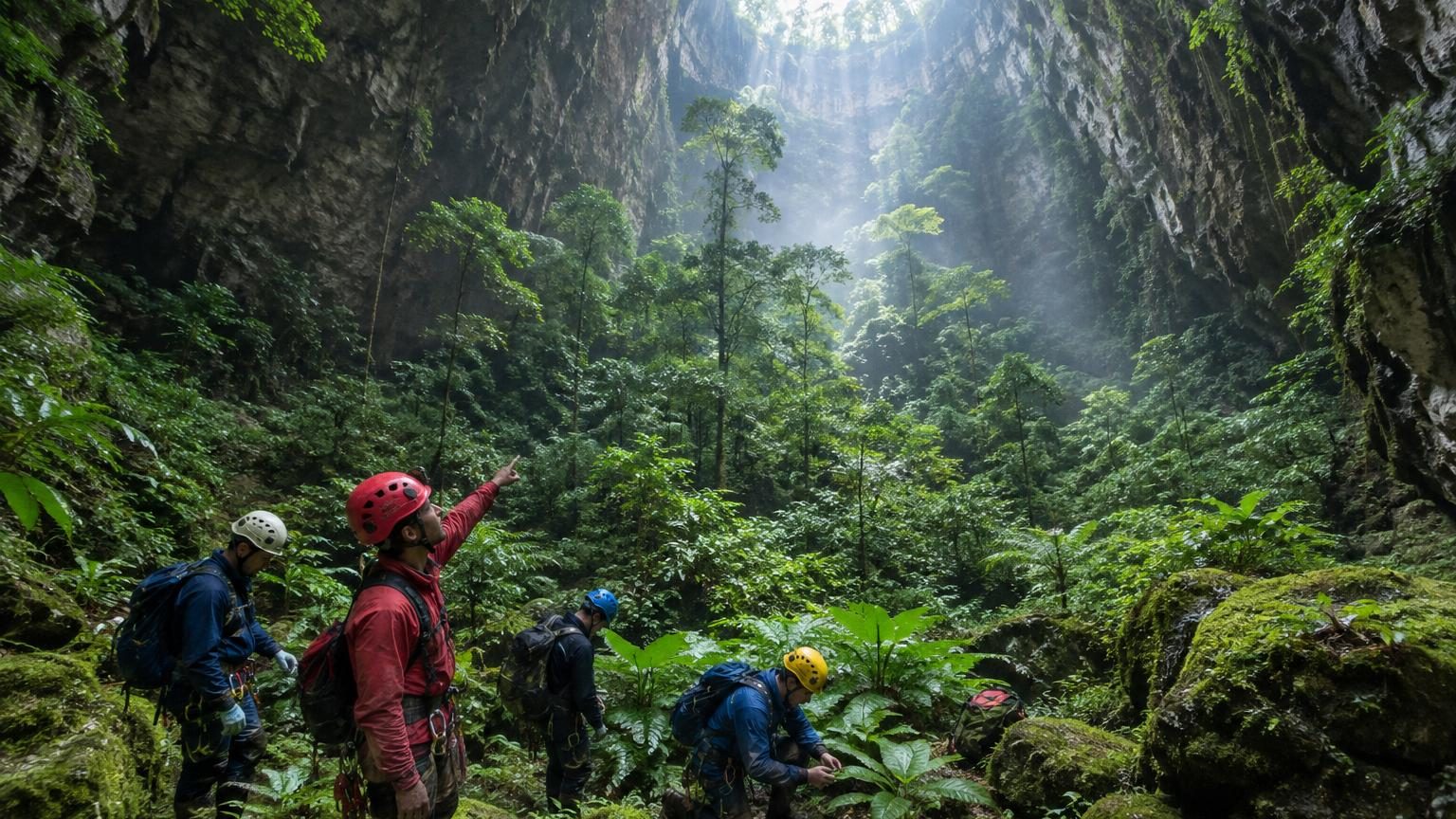 Vue aérienne d'une immense caverne souterraine illuminée par la lumière naturelle filtrant de haut, remplie d'arbres géants verdoyants et de végétation dense formant une forêt vierge dans les profondeurs terrestres.
