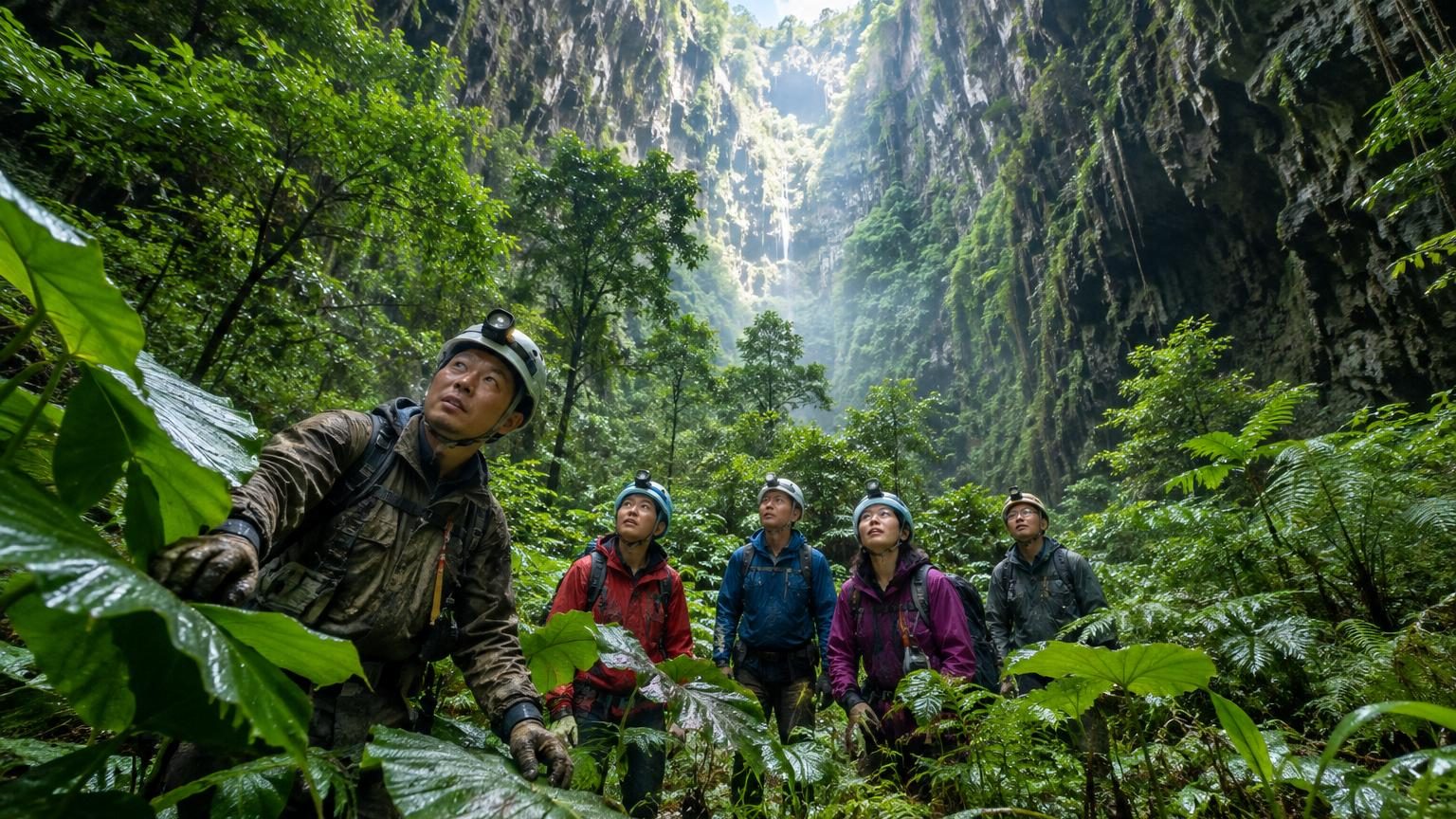 Gouffre géant souterrain en Chine avec jungle dense et trois niveaux de végétation verte fluorescente s'élevant vers une ouverture de lumière étroite au plafond de calcaire.