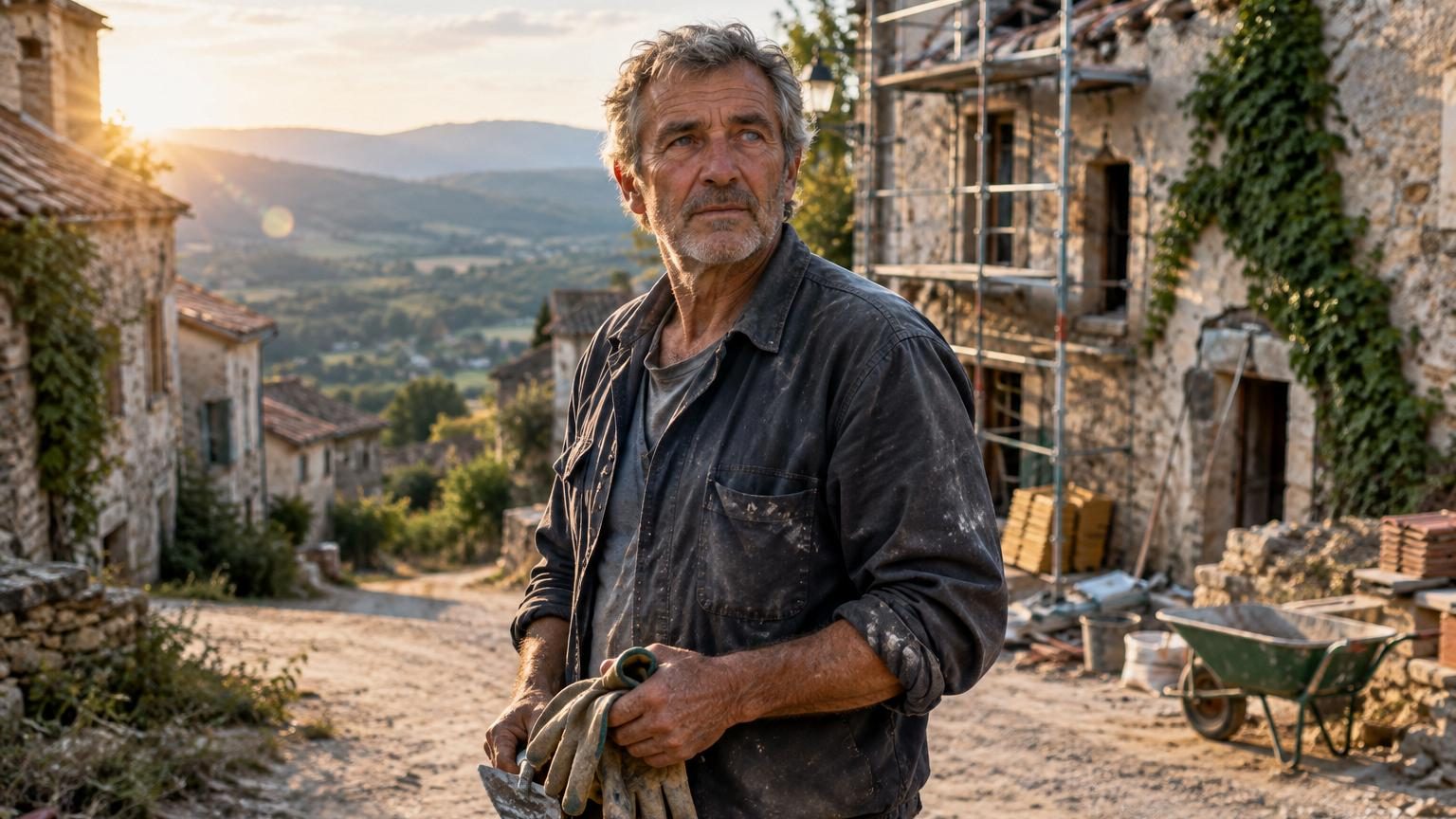Jacques, 64 ans avec un œil qui ne voit presque plus, descend d'une vieille Clio devant un village en ruines aux tuiles envolées et portes défoncées, entouré de chênes tordus par le vent.