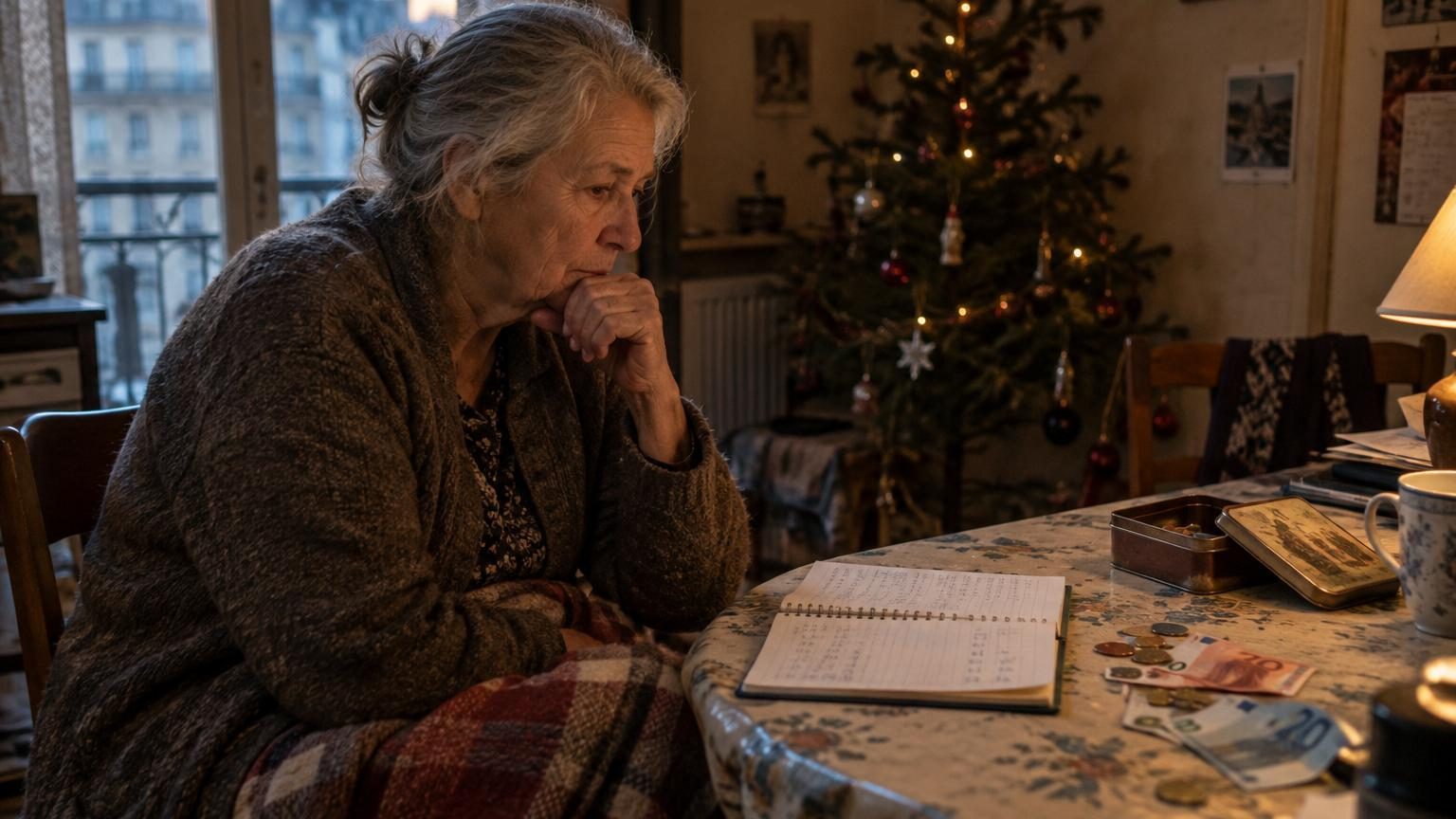 Une femme âgée assise dans un fauteuil, vêtue d'un gilet fermé, une couverture sur les genoux, dans un petit appartement avec des guirlandes de Noël clignotantes en arrière-plan.