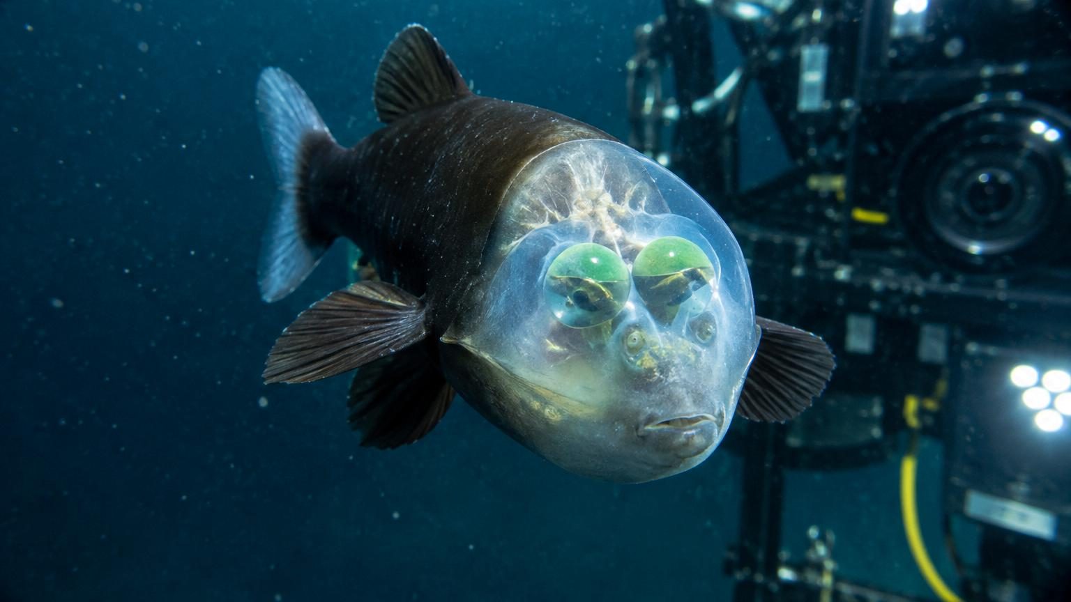 Illustration du poisson des abysses Winteria telescopa à 710 mètres de profondeur, avec sa tête transparente en forme de dôme et ses yeux tubulaires visibles à l'intérieur.