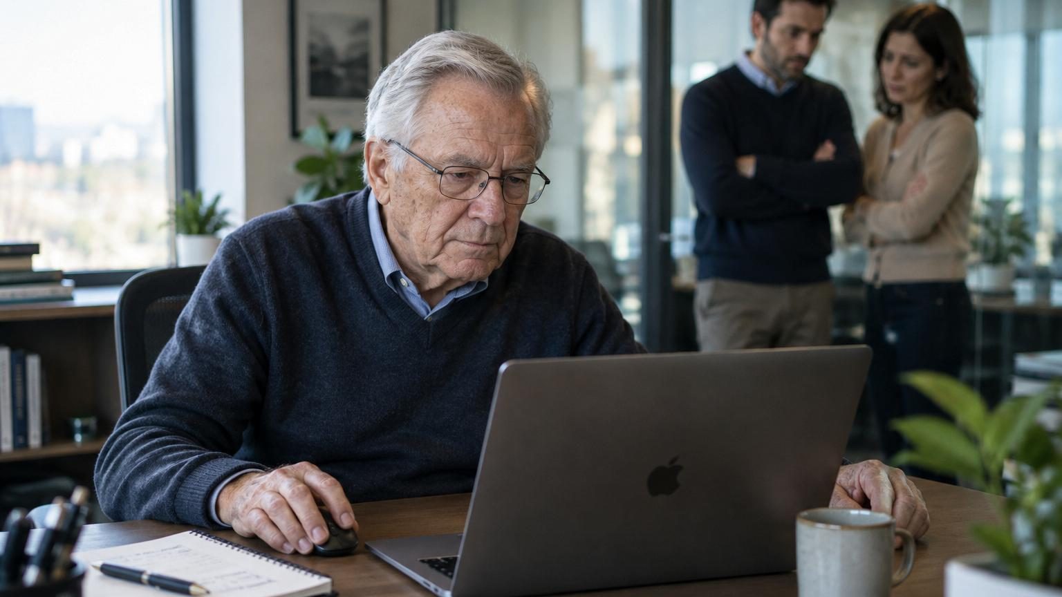 Homme d'environ 74 ans souriant devant son bureau dans un cabinet de conseil, avec un café à proximité et des dossiers, incarnant l'engagement professionnel du vieillissement actif.