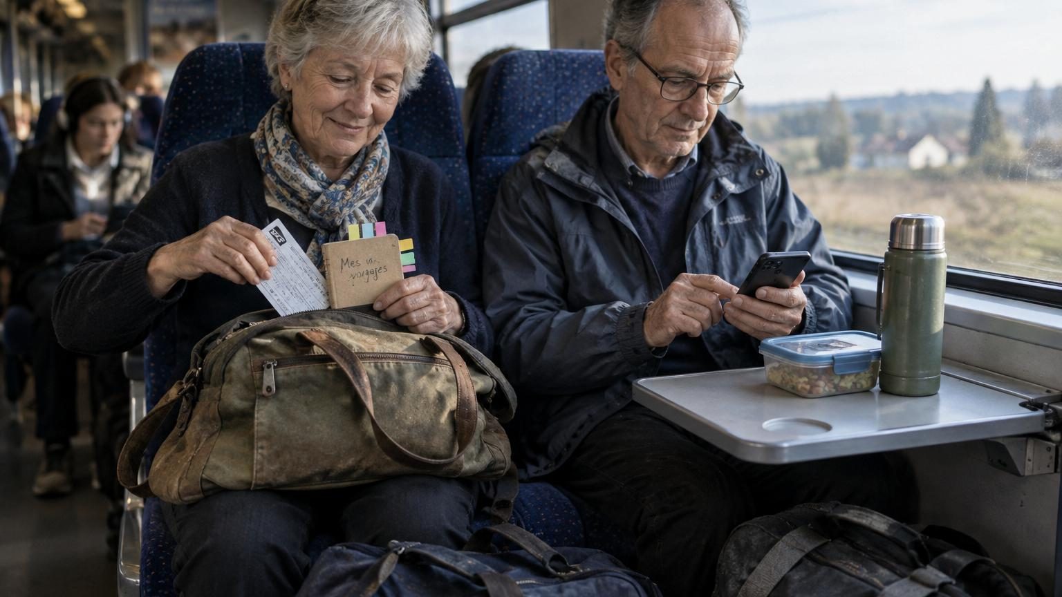 Couple de retraités souriant ajustant leurs affaires avant un départ en vacances, imprimer les billets de train à la main