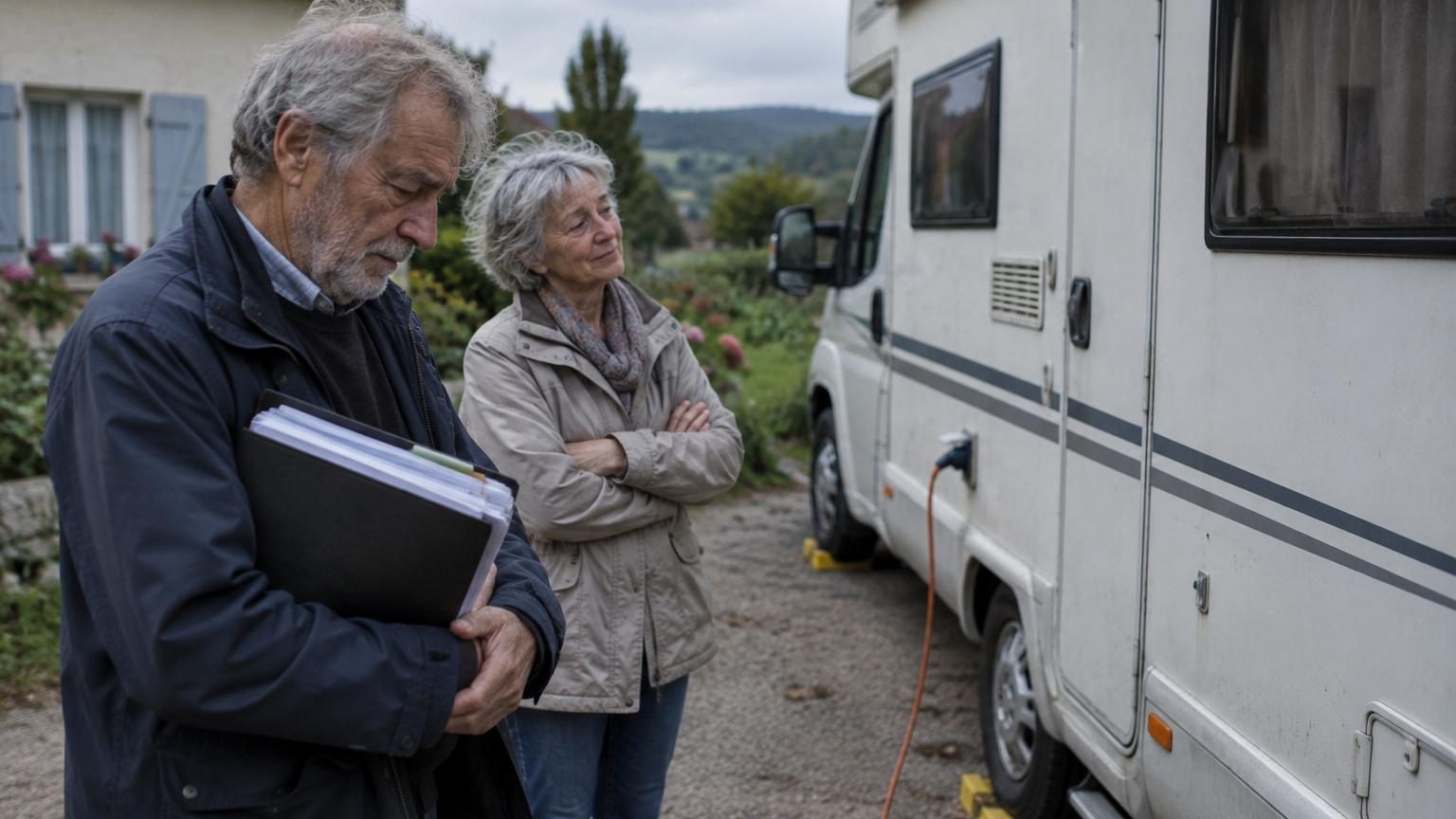 Couple senior assis près d'un camping-car immobilisé, regardant des papiers de vente avec un mélange de soulagement et de perplexité face à leur décision