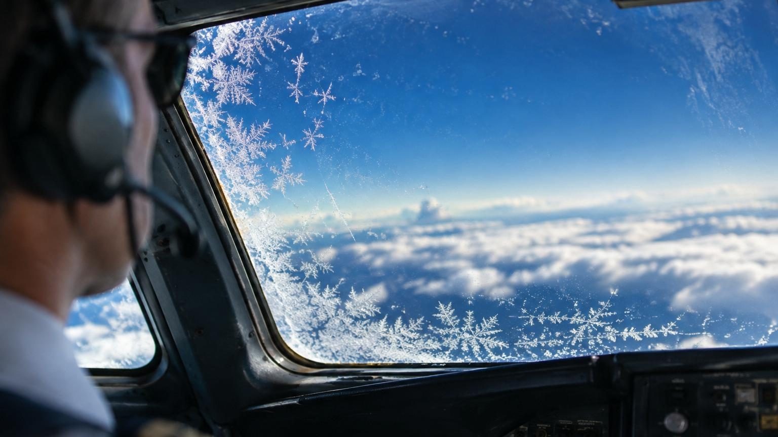 Vue depuis un hublot d'avion montrant l'aile d'un appareil enveloppée dans une formation nuageuse blanche et compacte, illustrant les cristaux de glace qui se forment à haute altitude.
