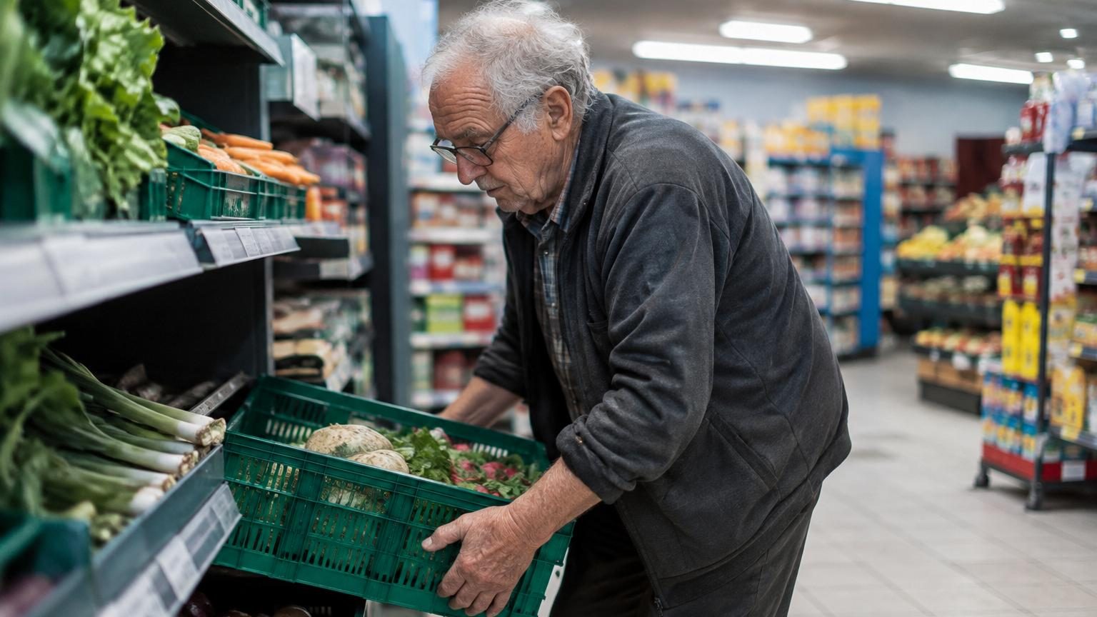 Un homme âgé de 82 ans vêtu d'une casquette, debout derrière un comptoir de kiosque à journaux, arrangeant des magazines et comptant des pièces au petit matin