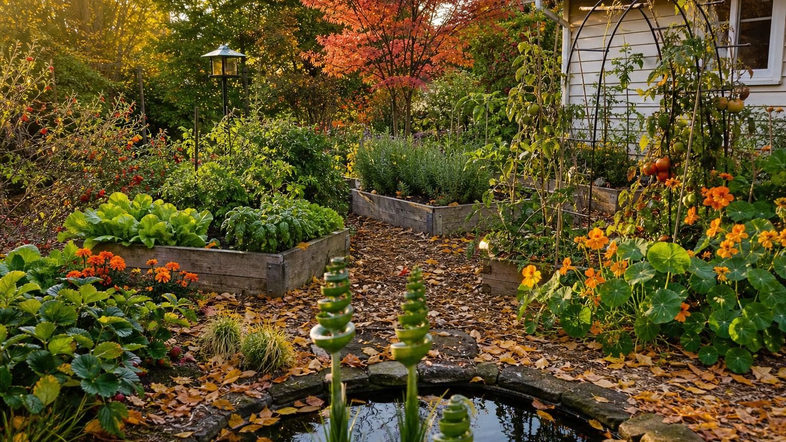 Plantation d'automne d'un jonc spiralé dans un massif humide préparé avec du compost et du paillage organique pour favoriser l'autonomie du jardin.