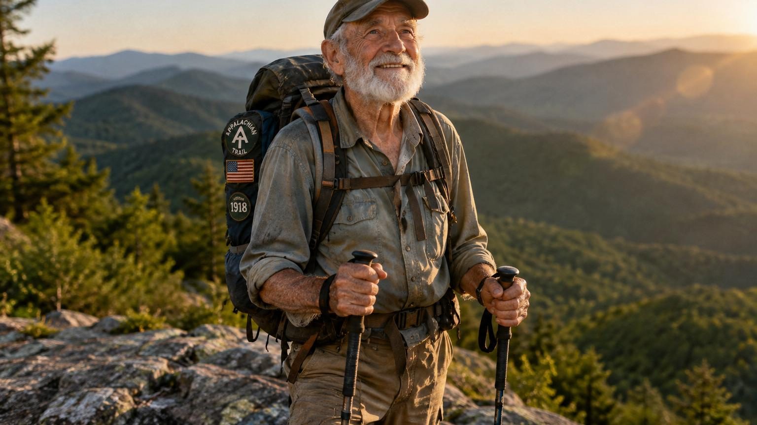 Randonneur âgé en tenue de randonnée avec sac à dos, posant fièrement au sommet d'une montagne rocheuse avec un paysage montagneux en arrière-plan.