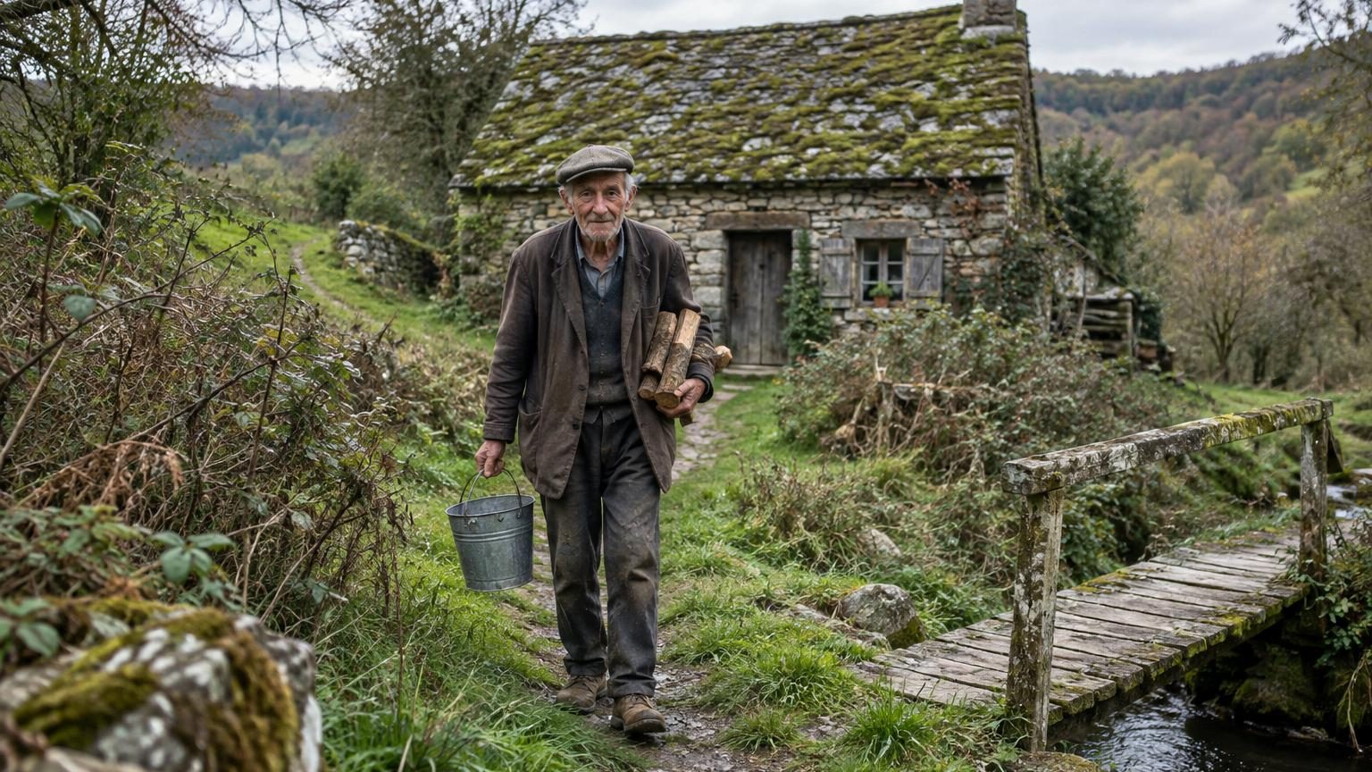 Homme âgé en casquette et pull devant sa petite maison de pierre au toit moussu, entouré de ronces, avec un poêle en fonte visible à la fenêtre