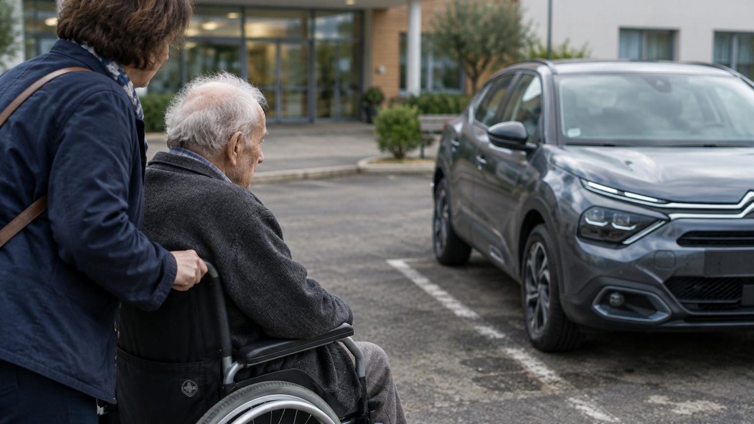 Un homme âgé assis dans un fauteuil roulant, symbolisant la perte d'autonomie, avec en arrière-plan une voiture immobile et des documents administratifs évoquant un contrat de leasing.