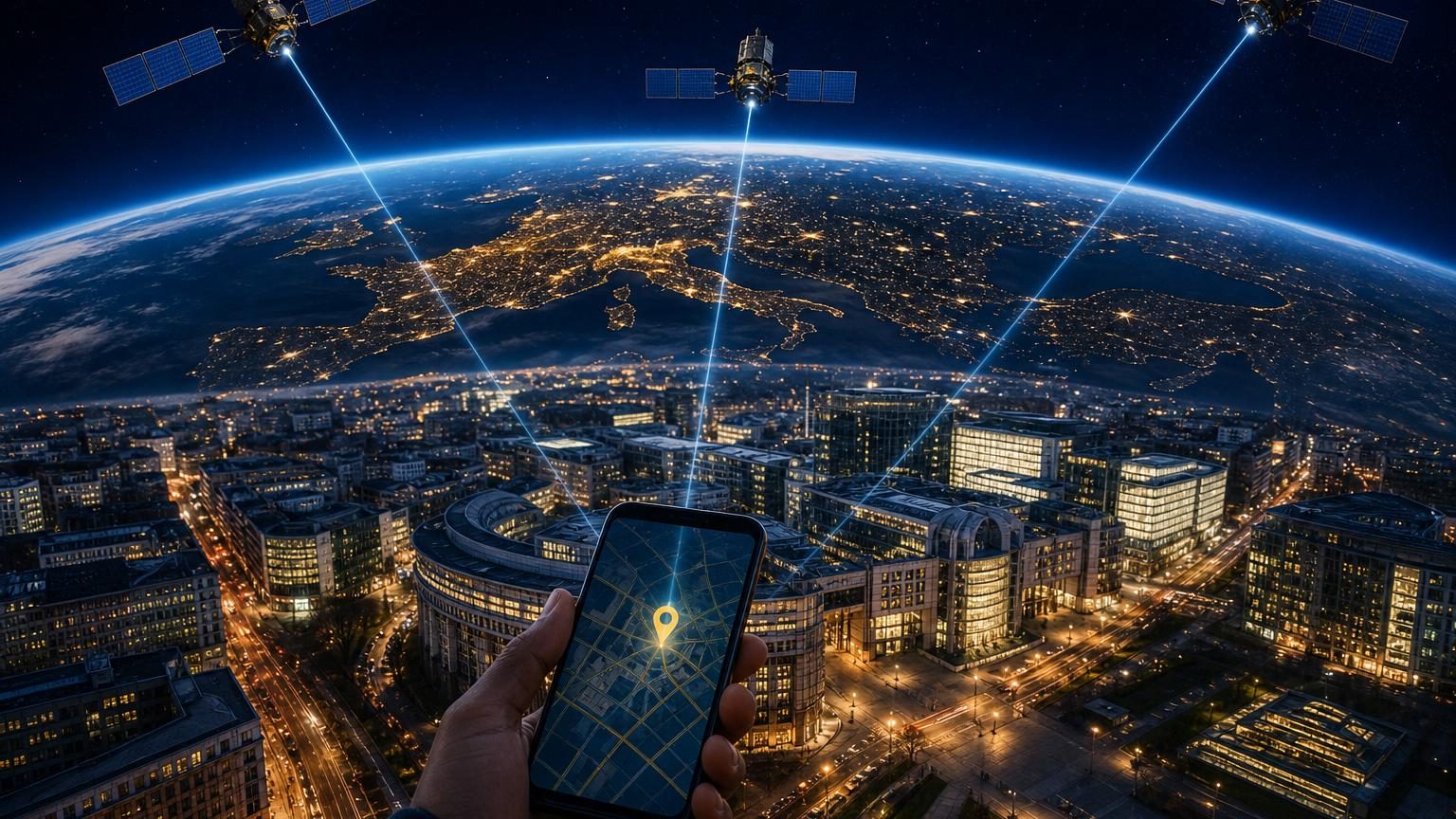 Représentation schématique de la constellation Galileo avec ses satellites en orbite autour de la Terre, symbolisant l'infrastructure de navigation civile européenne.