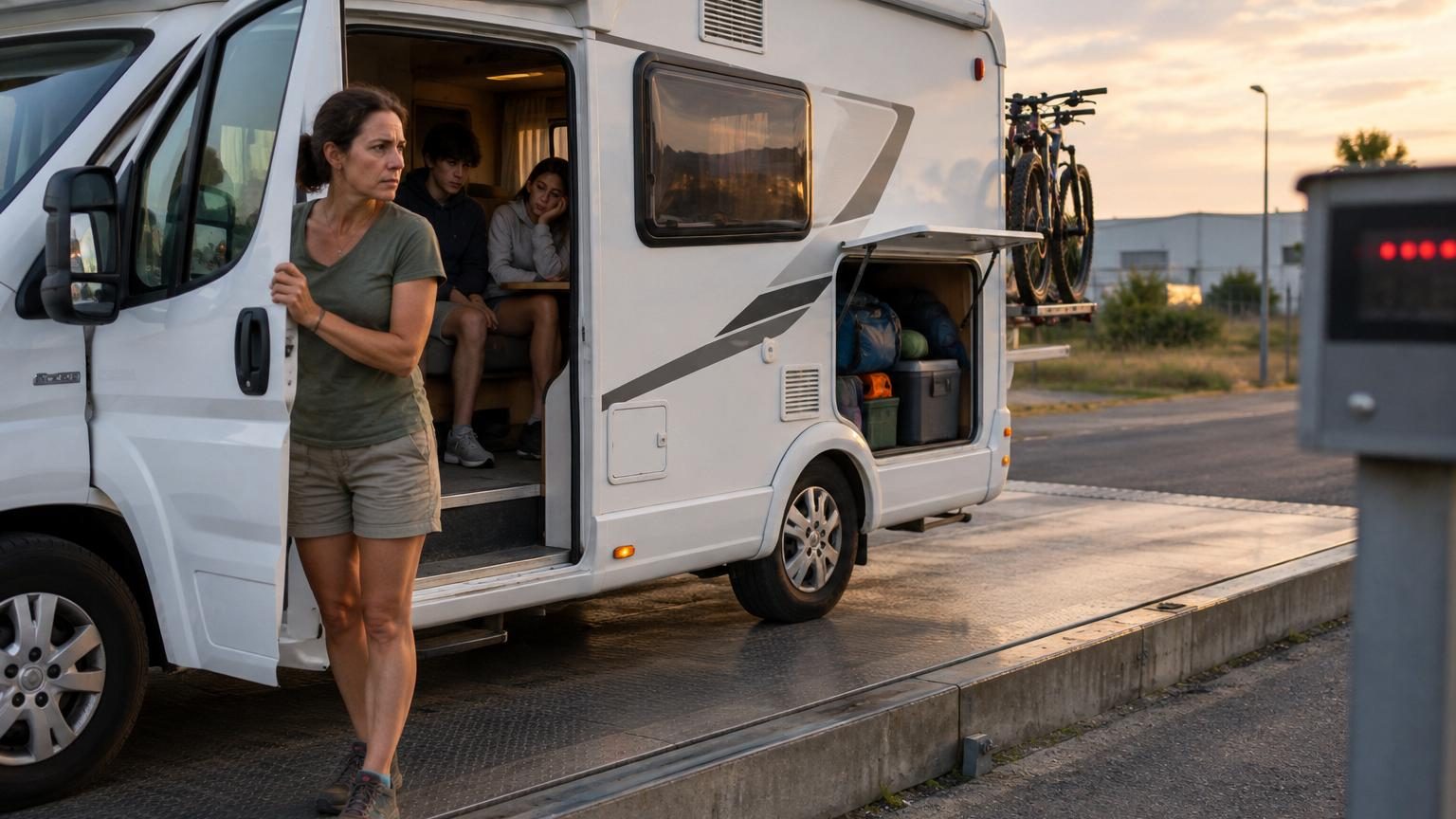 Camping-car blanc chargé avec vélos à l'arrière, passagers à bord, positionné sur une bascule publique pour vérifier son poids total.