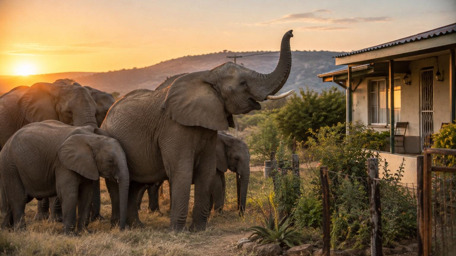 Un troupeau d'éléphants sauvages arrêtés devant une maison blanche, certains dressant la trompe vers le ciel en signe d'adieu