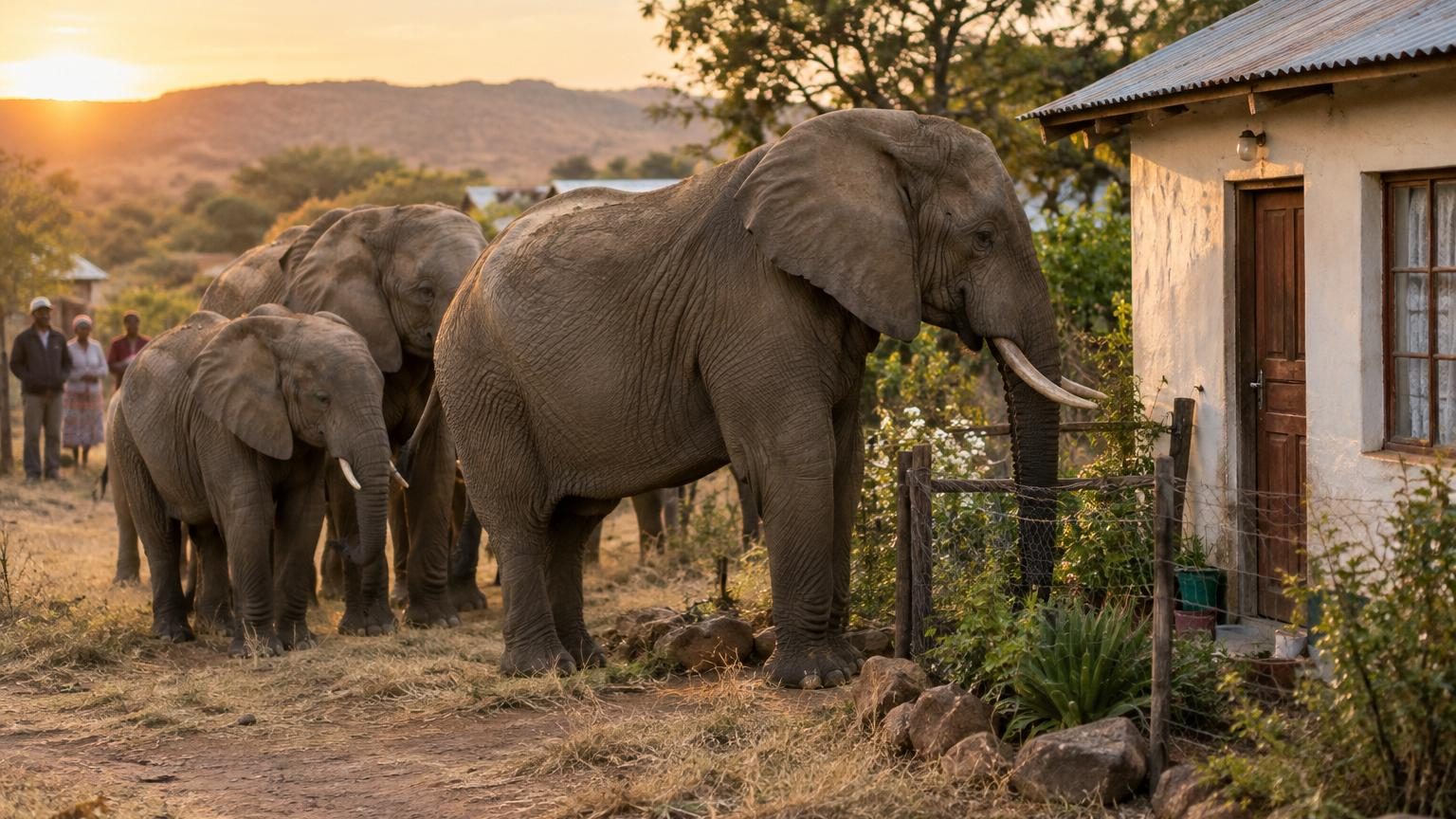 Un troupeau d'éléphants massifs avançant en procession solennelle à travers une savane africaine, se dirigeant vers une maison en silence, incarnant un rituel de deuil et de recueillement.