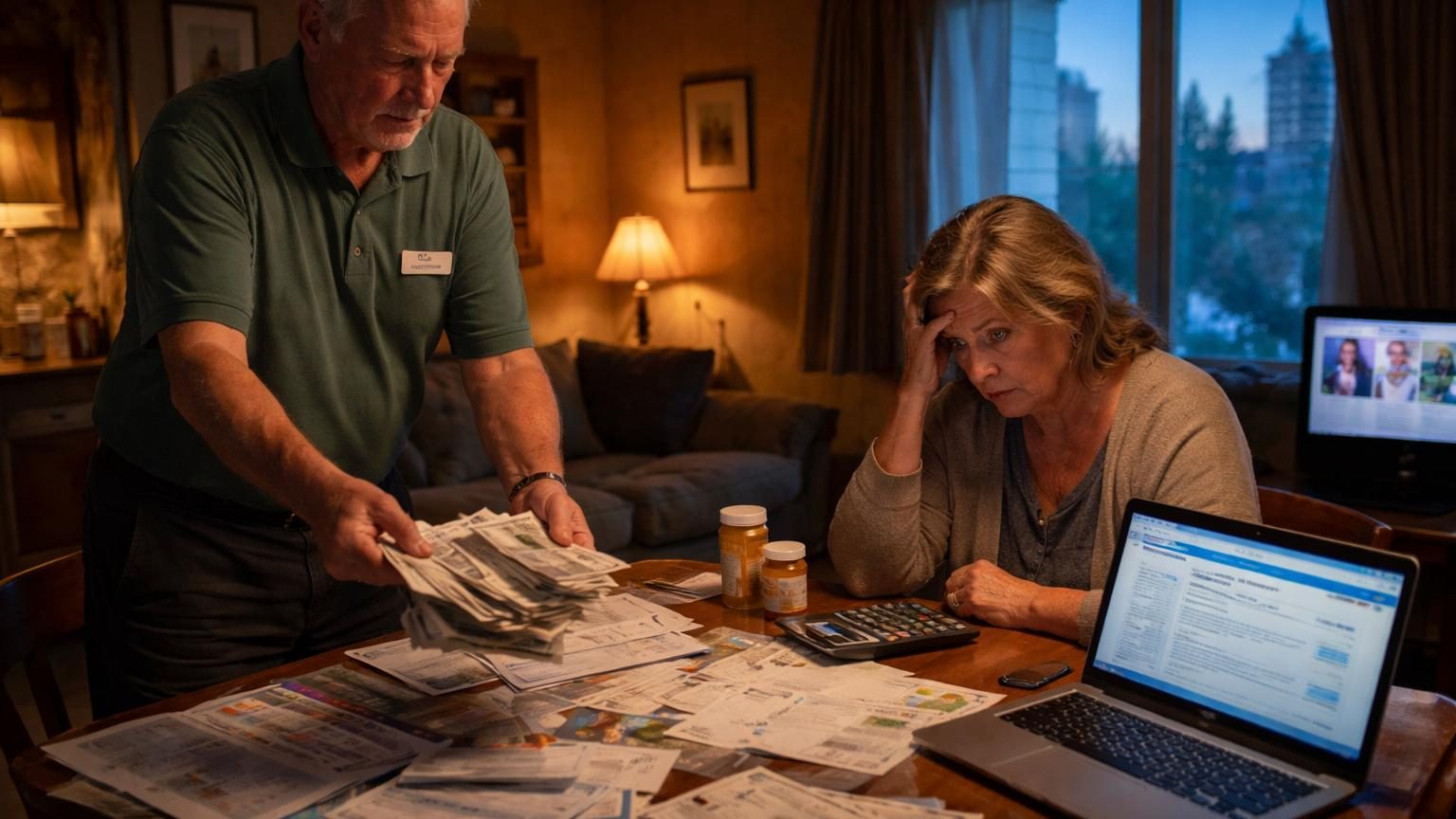 Un homme âgé regardant nerveusement ses relevés bancaires en contraste avec un calendrier de retraite rappelant ses préoccupations financières.