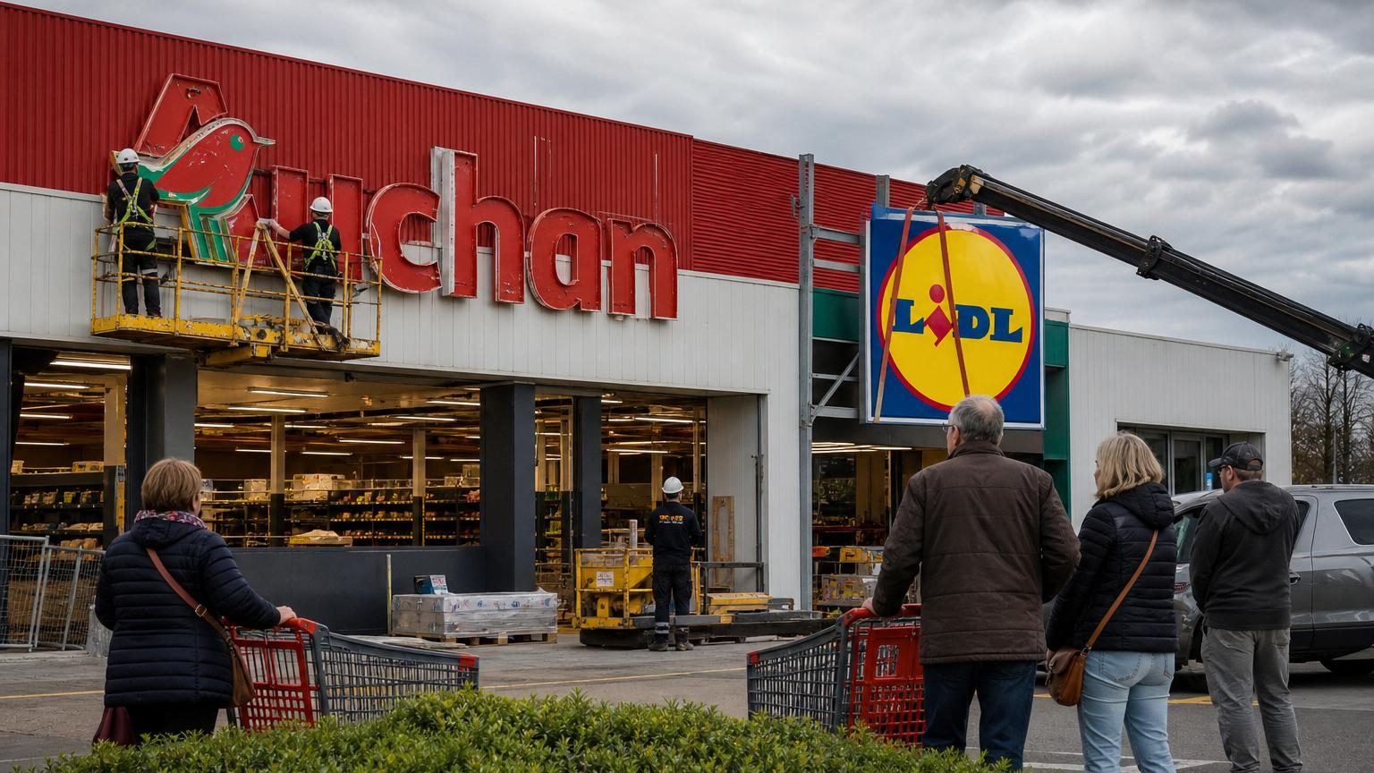 Façade d'un supermarché avec changement d'enseigne, transition entre logo Auchan et logo Lidl, zone commerciale.