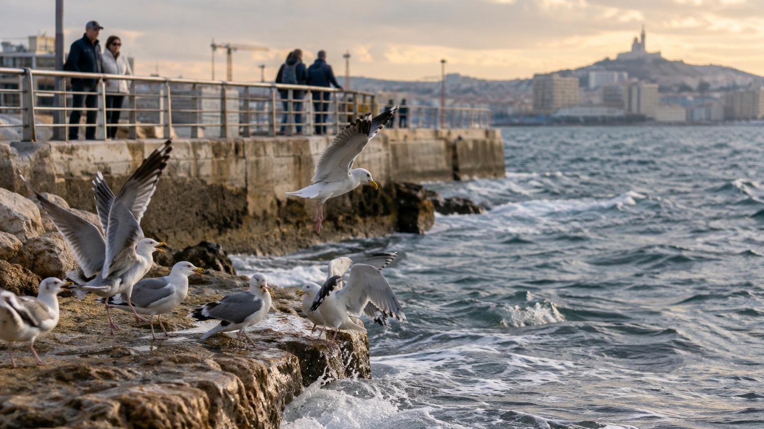Goélands blancs volant au-dessus du Vieux-Port de Marseille avec la mer Méditerranée en arrière-plan, illustrant la proximité entre les oiseaux marins et l'environnement urbain côtier.
