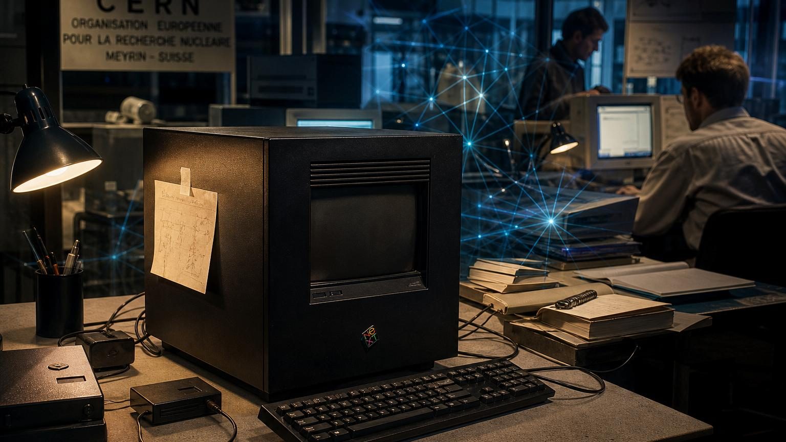 À Meyrin, Tim Berners-Lee utilise un ordinateur noir en 1990 : le papier collé sur son flanc raconte un tournant mondial