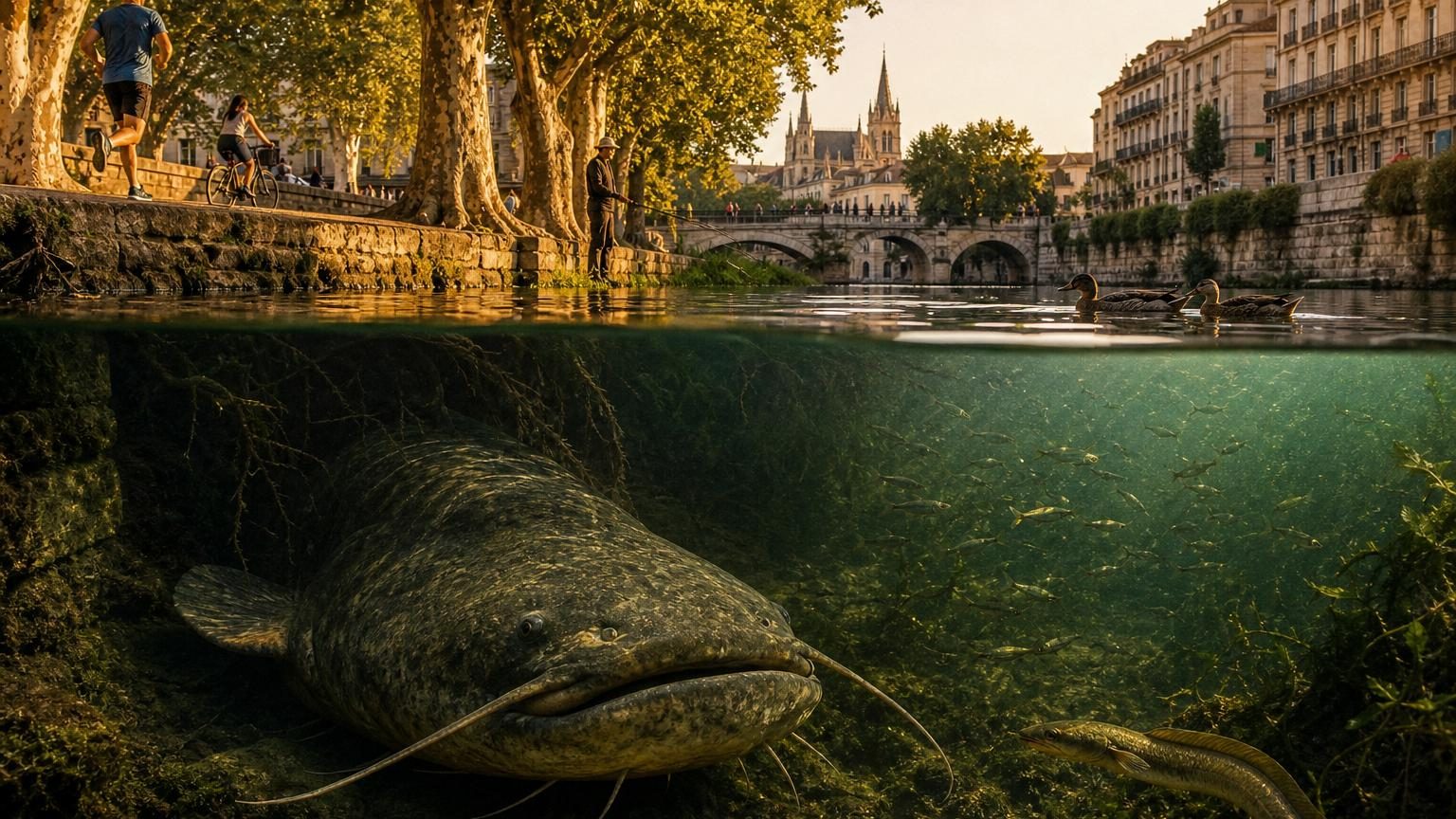 Silure glane mesurant environ 1,5 mètre, aux moustaches caractéristiques, se cachant sous les eaux sombres du Lez à Montpellier.