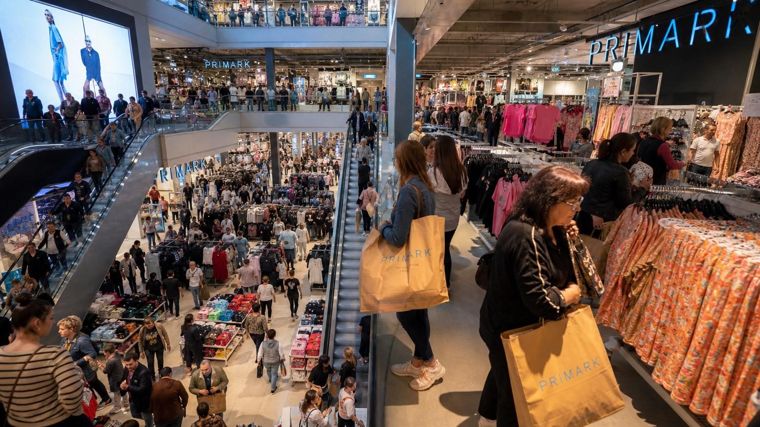 Intérieur spacieux d'un grand magasin Primark avec plusieurs étages, des rayons bien remplis de vêtements et accessoires variés, et des clients parcourant les produits.