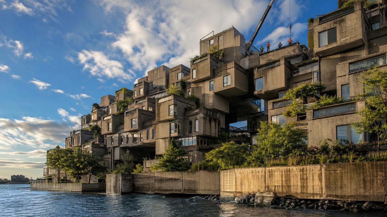 Vue aérienne d'Habitat 67 à Montréal montrant l'assemblage de 354 caissons cubiques de ciment blancs imbriqués en trois dimensions, surplombant le fleuve Saint-Laurent avec ses terrasses escarpées et sa silhouette unique.