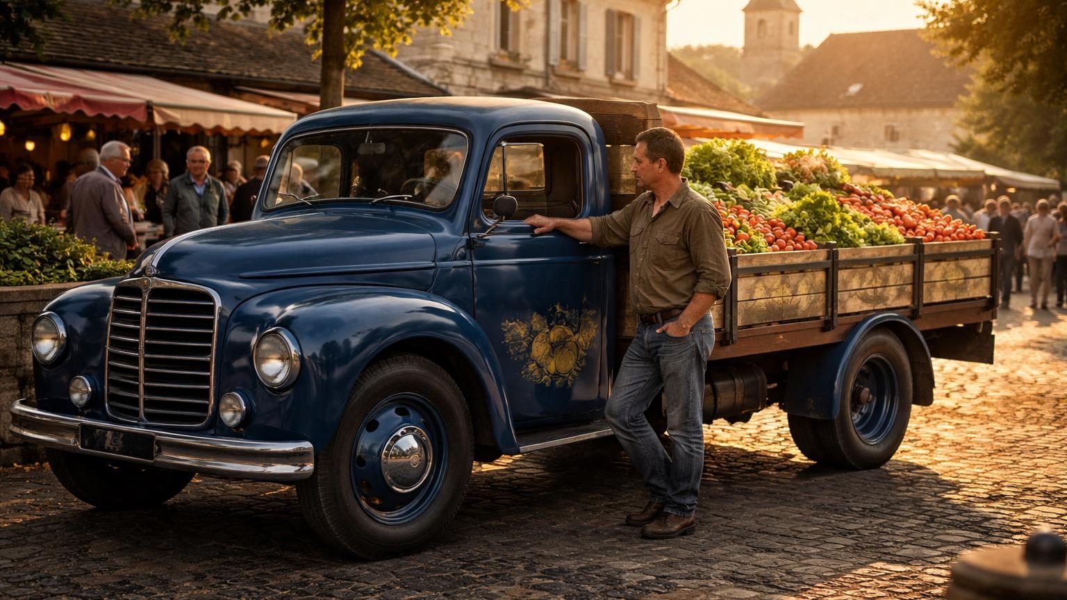 Citroën U23 bleu restauré aux lettres jaunes « Primeur Jules Chouzenoux » stationné sur une place de bourg en Corrèze