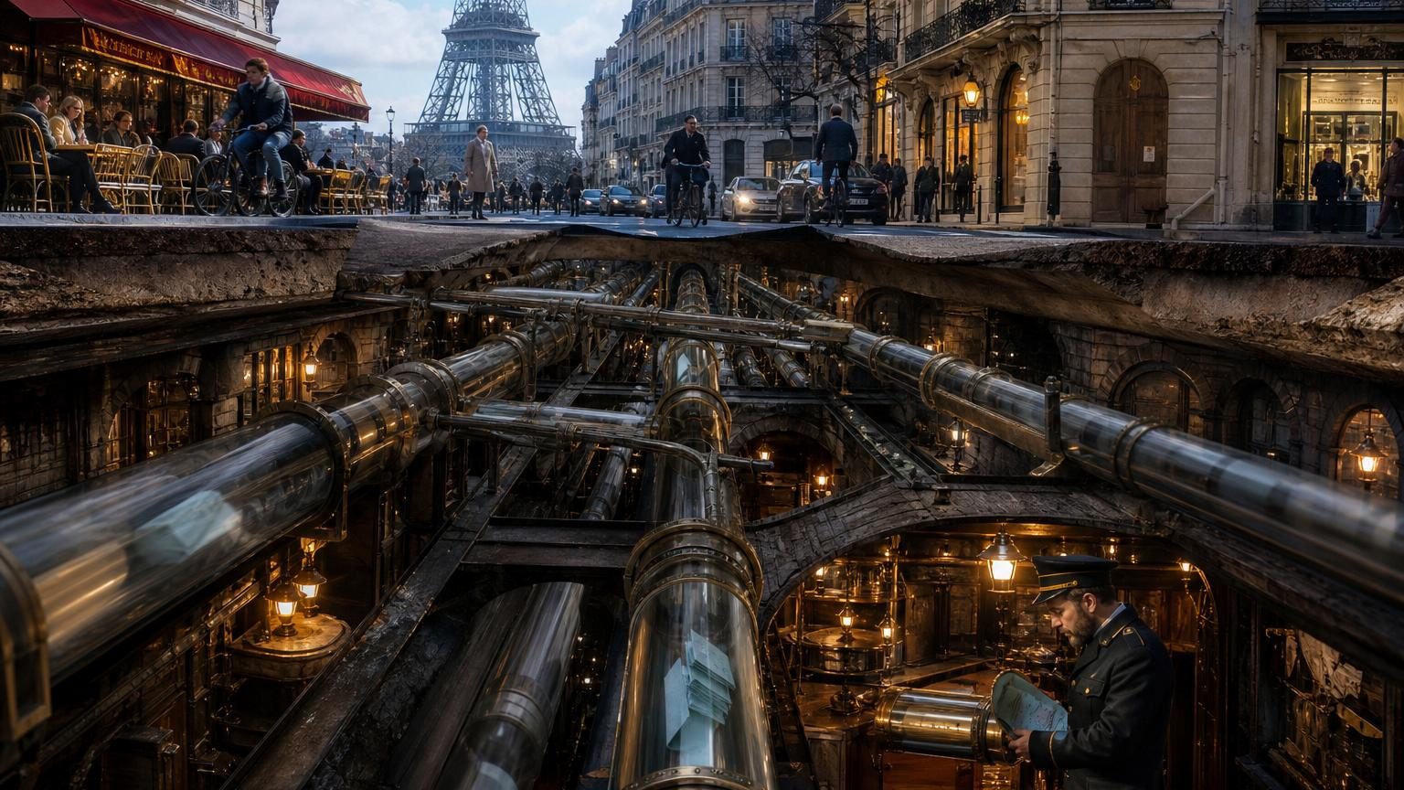 Illustration montrant une coupe transversale des rues de Paris avec un réseau de conduites pneumatiques souterraines et des cartouches métalliques circulant sous la chaussée