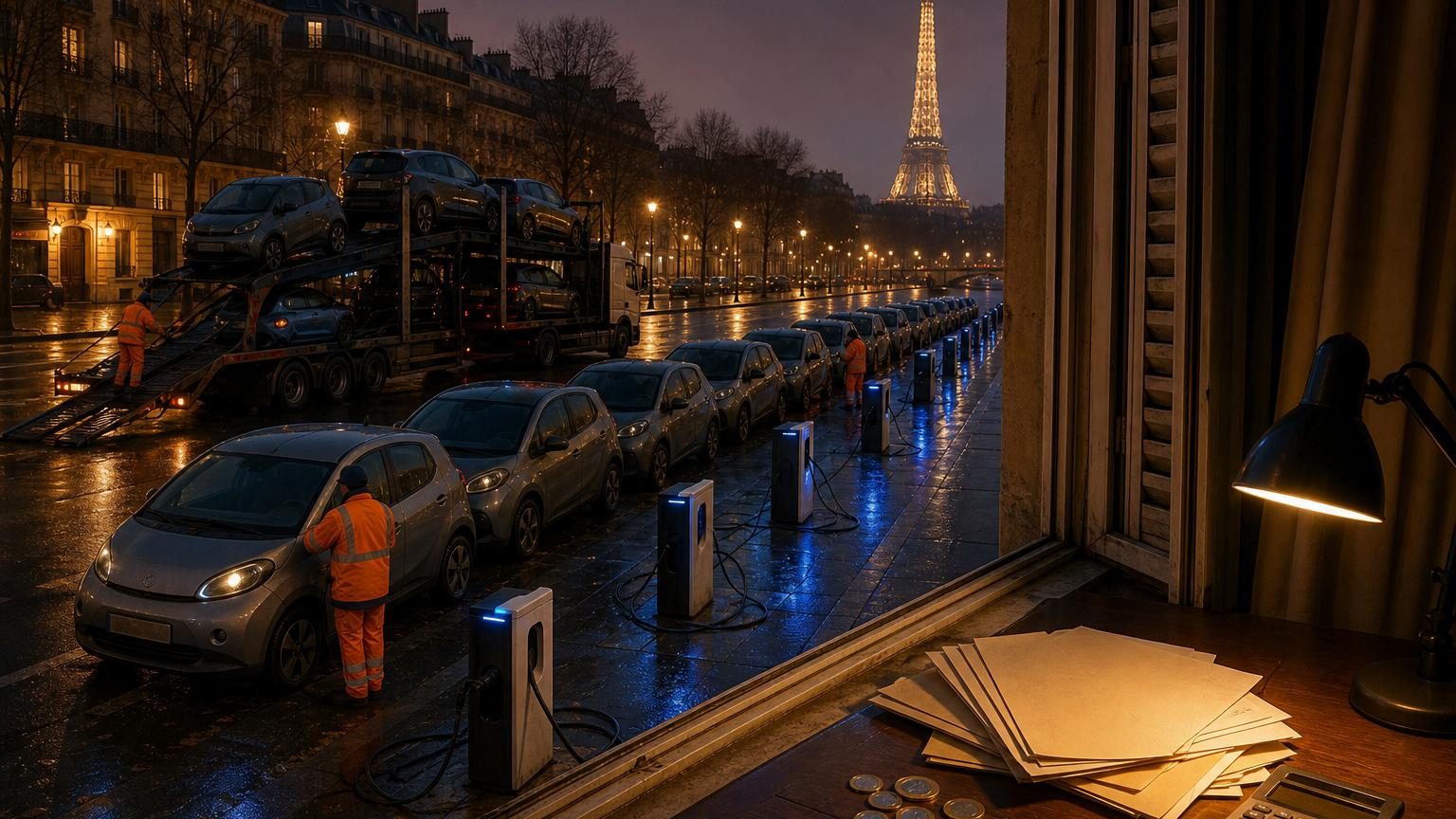 Rangées de véhicules électriques gris Bluecar alignés sur un terrain de stockage, après l'arrêt du service d'autopartage parisien en 2018.