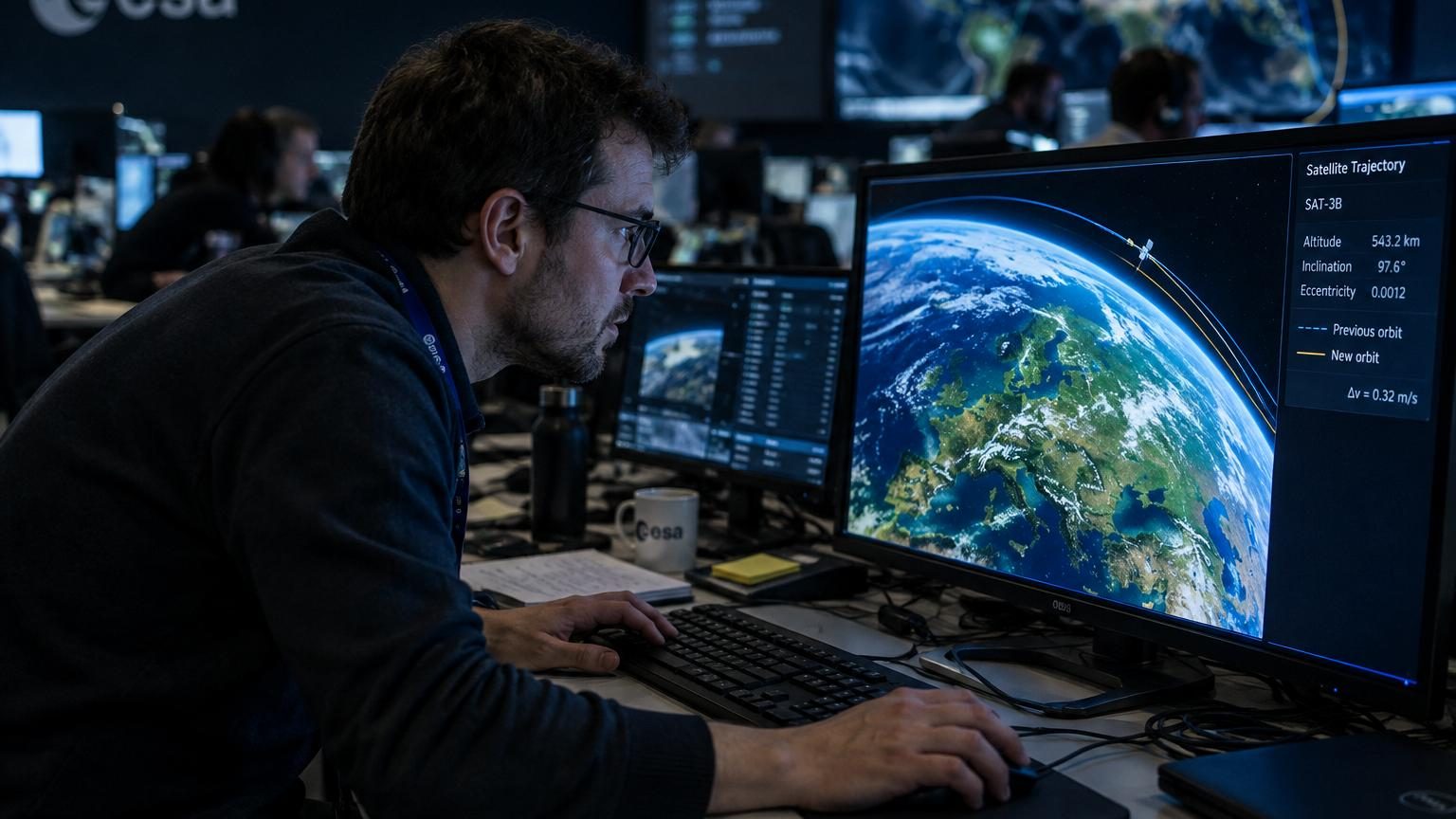 Interface de contrôle de mission spatiale avec courbes de trajectoire vertes sur écran noir, ingénieur ajustant les paramètres orbitaux depuis une console de commande dans une salle de contrôle.