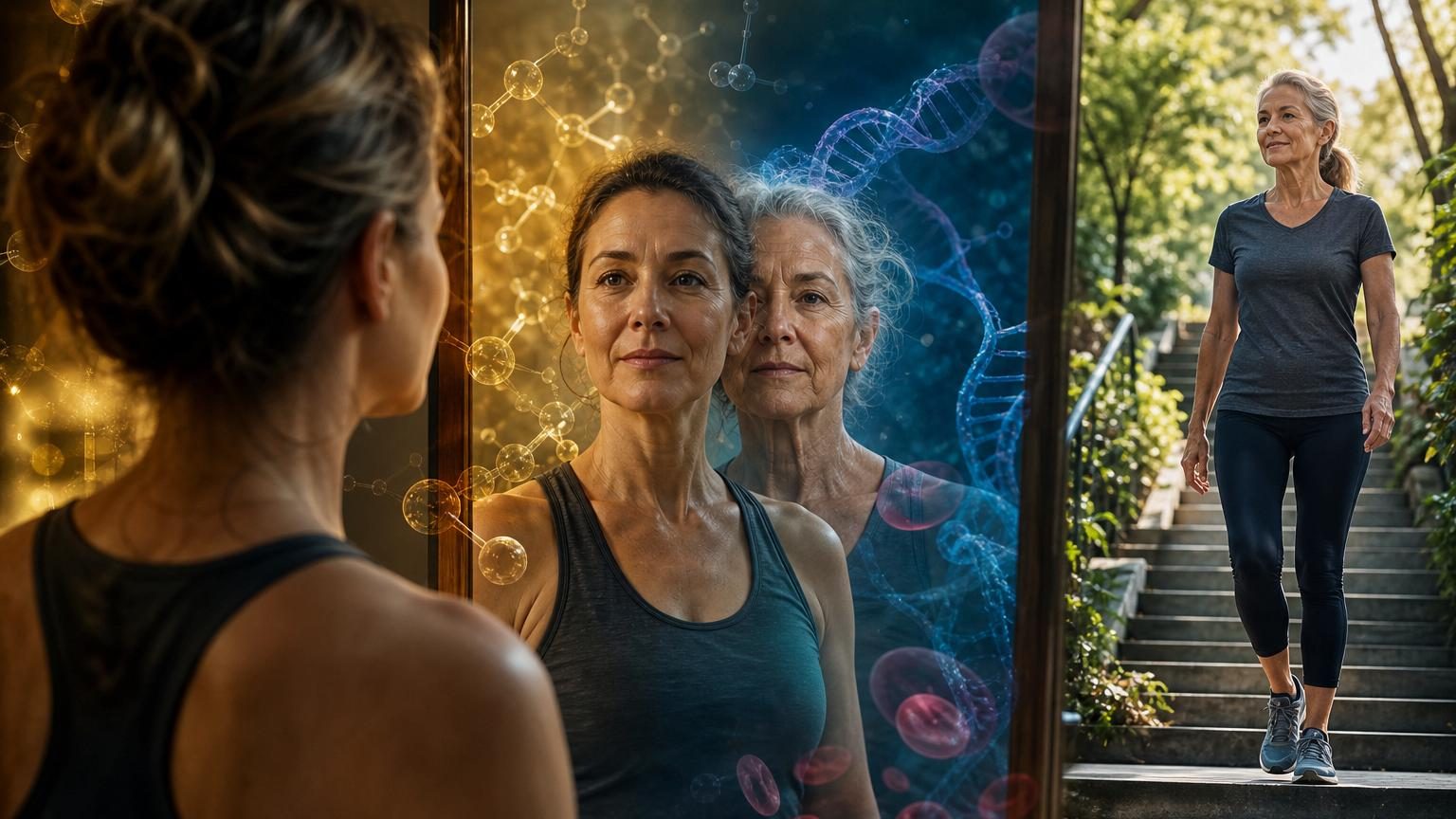 Un adulte d'âge mûr observe son reflet dans un miroir avec une expression réfléchie, symbolisant l'auto-observation du vieillissement naturel et les changements biologiques liés à l'âge.