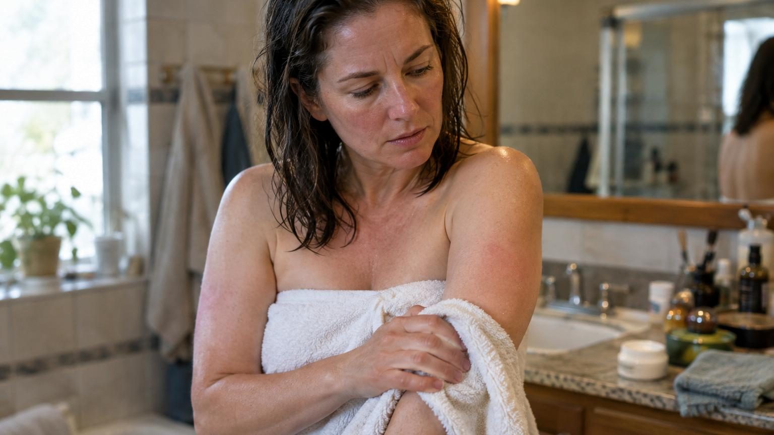 Illustration d'une personne sous une douche avec de l'eau tiède, entourée de symboles de soins doux et de produits dermatologiques adaptés à l'hygiène cutanée.